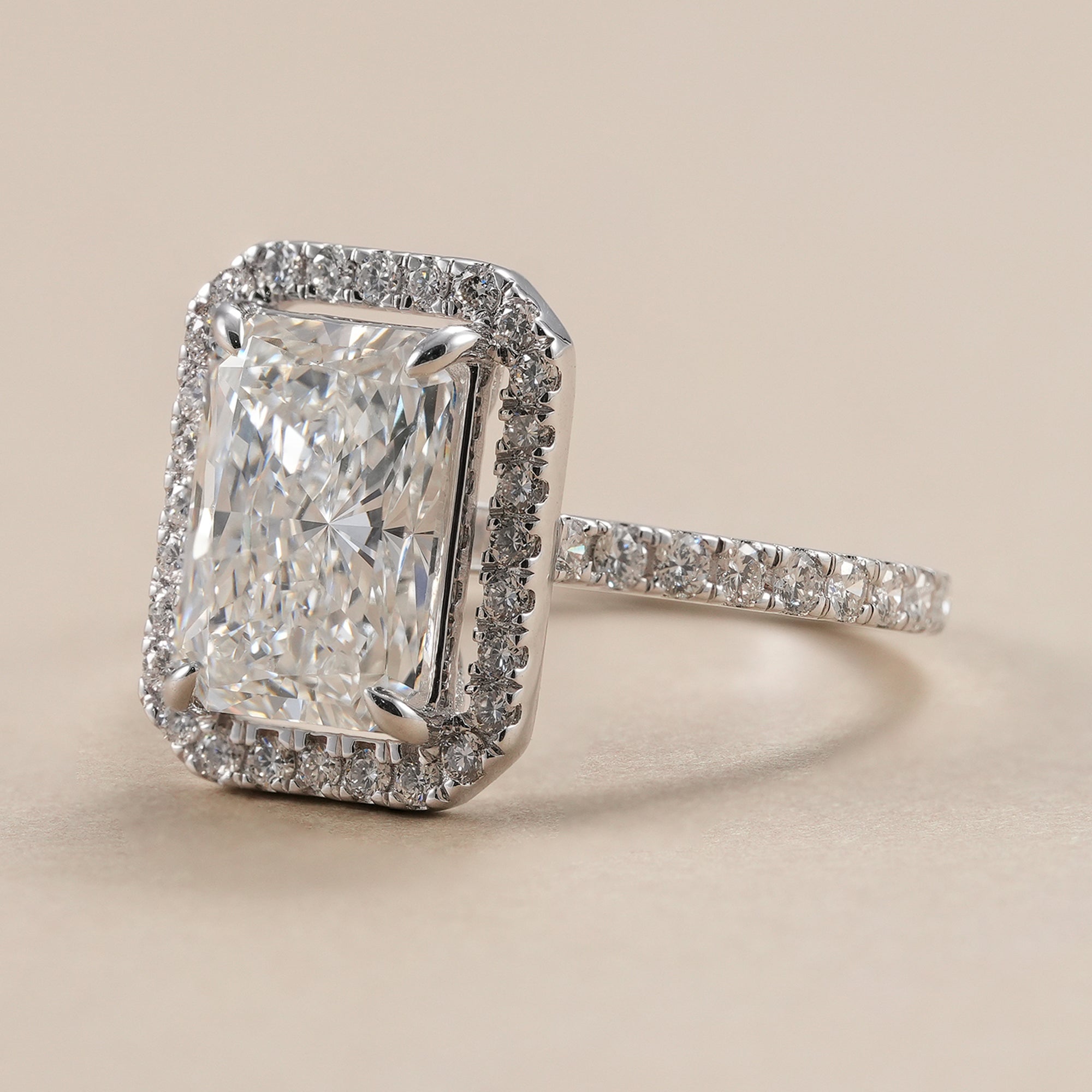 IGI certified radiant diamond engagement ring in white gold.