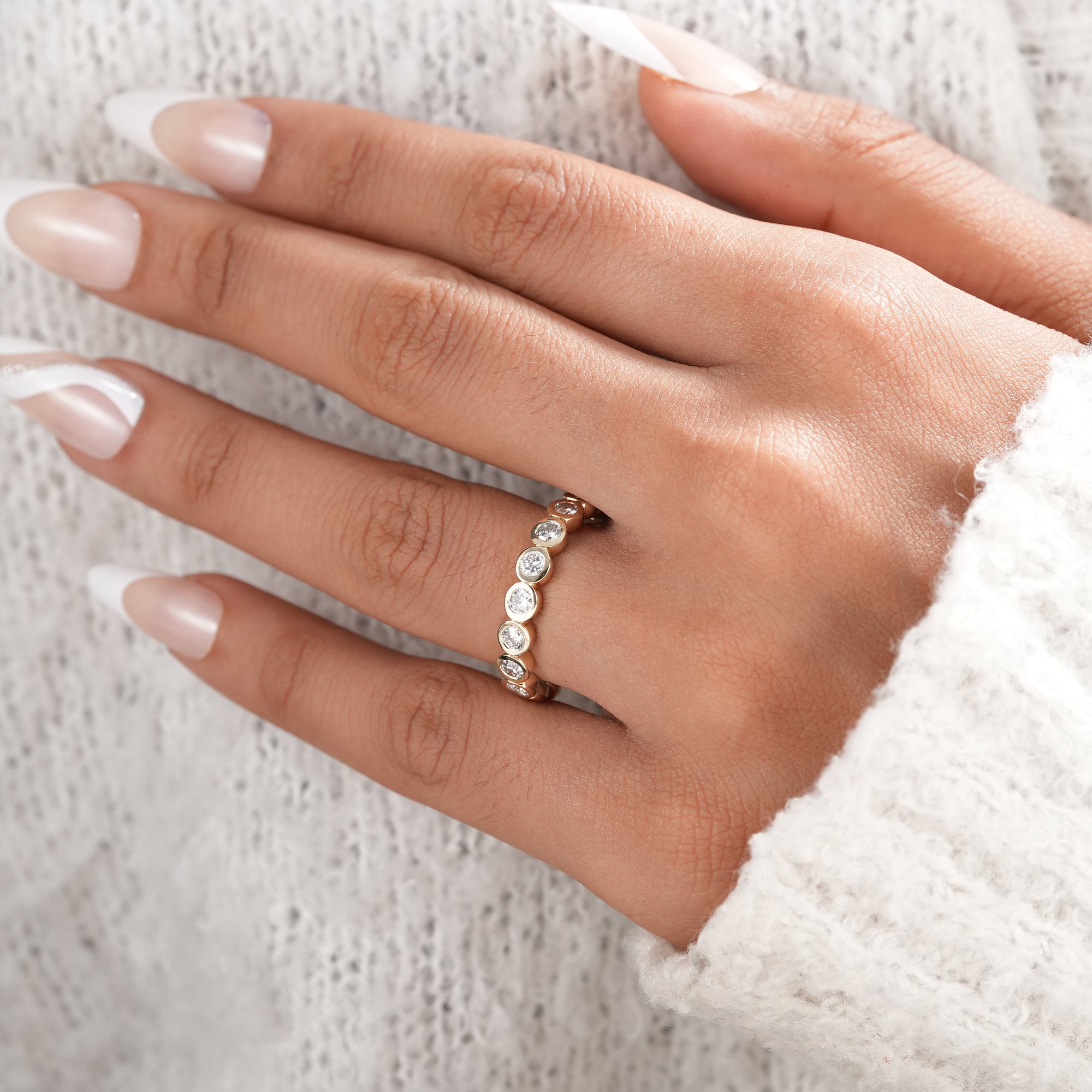 Modern bridal jewelry bezel set eternity ring.