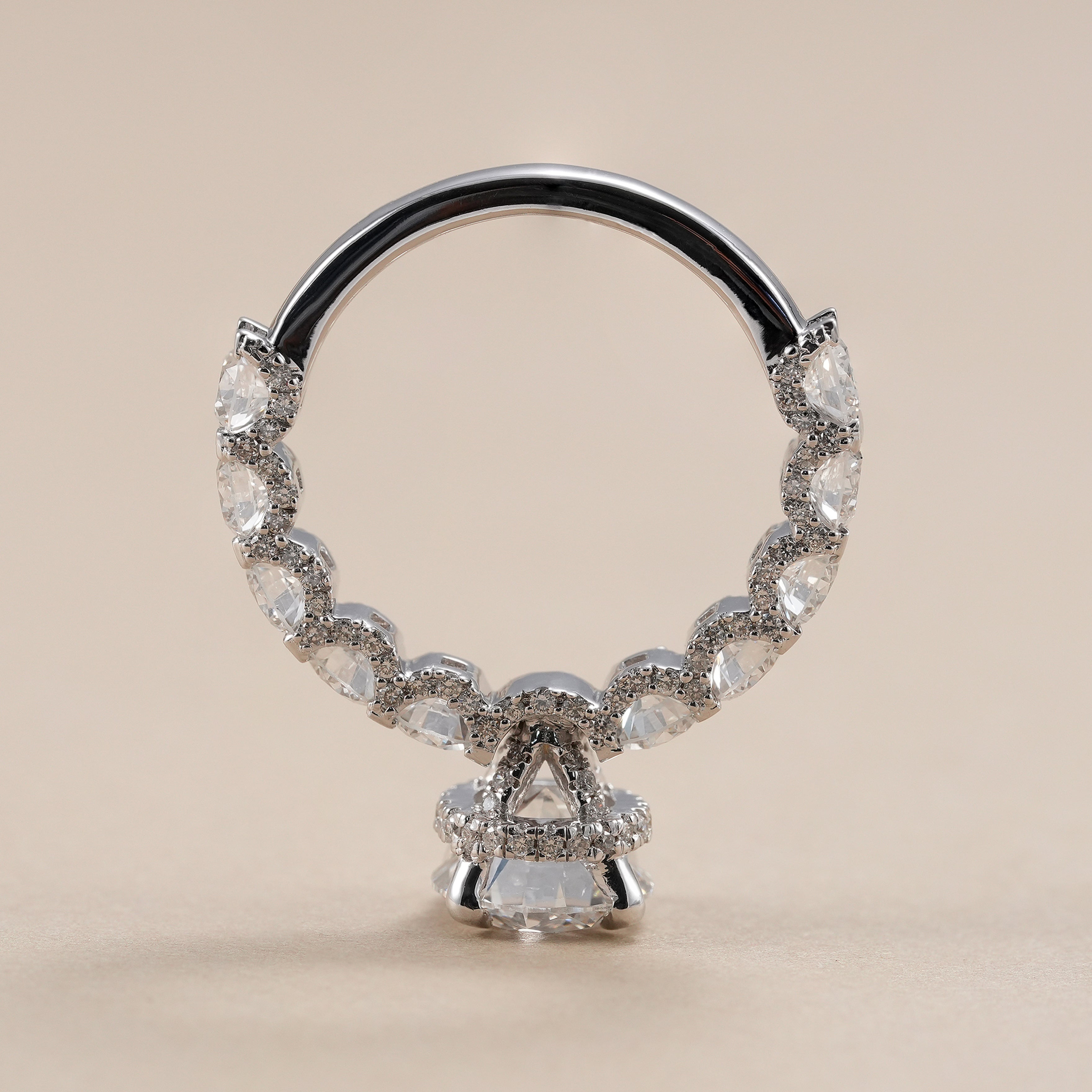 Luxury round lab diamond engagement ring with pavé band.