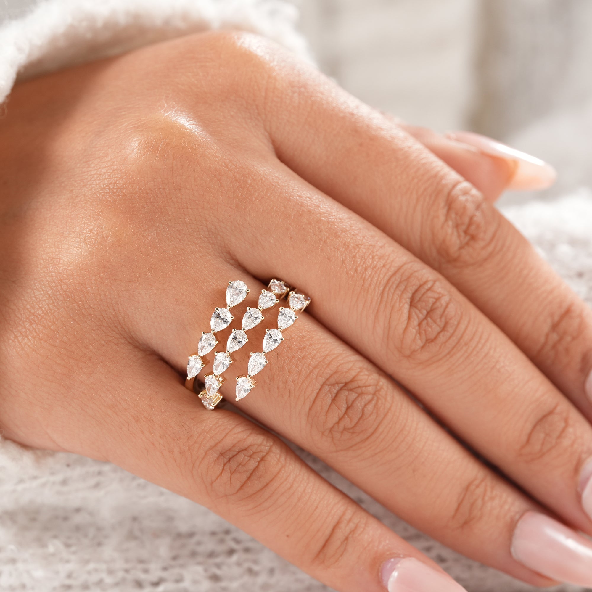 Contemporary three row bridal diamond ring.