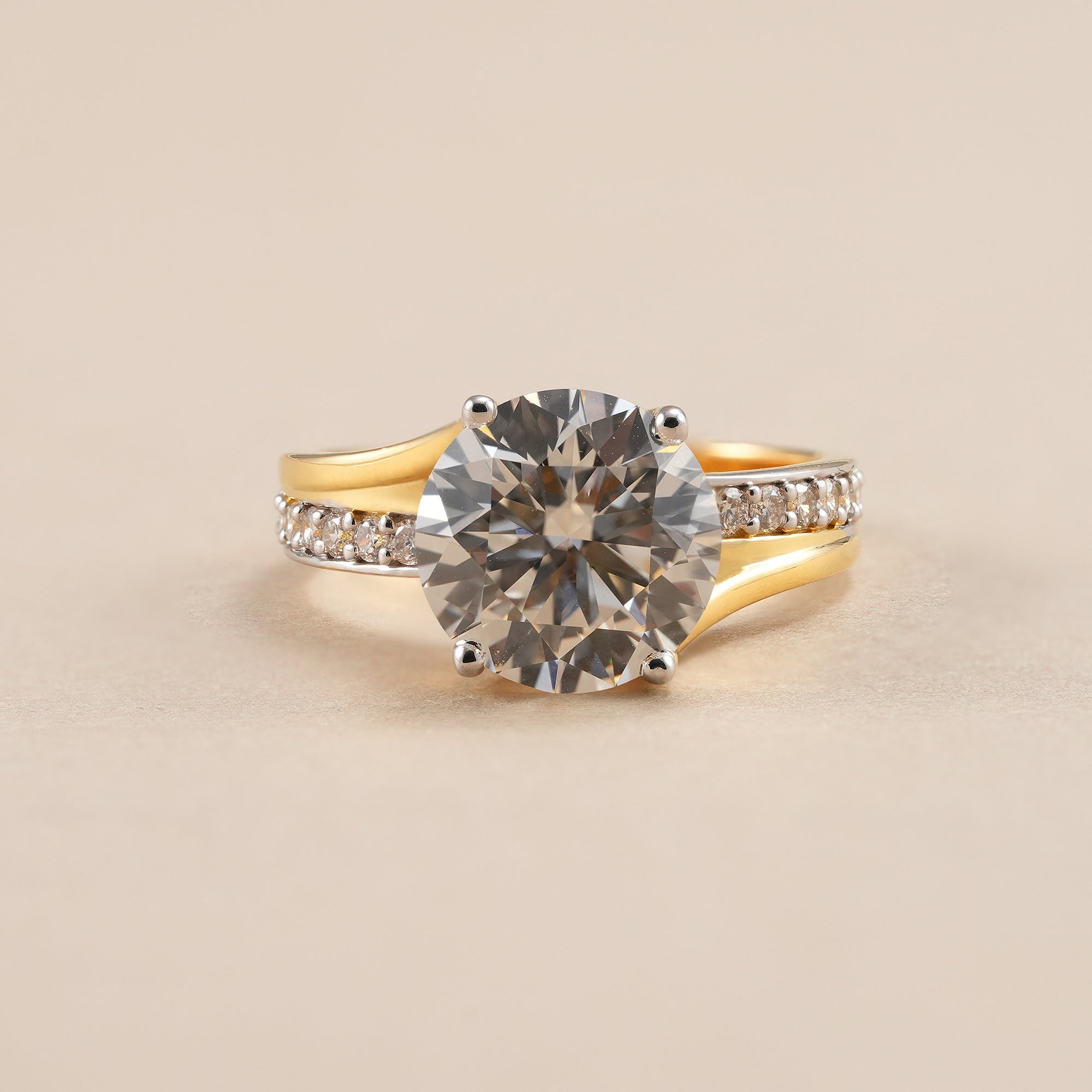 Round lab grown diamond engagement ring with elegant split pavé band