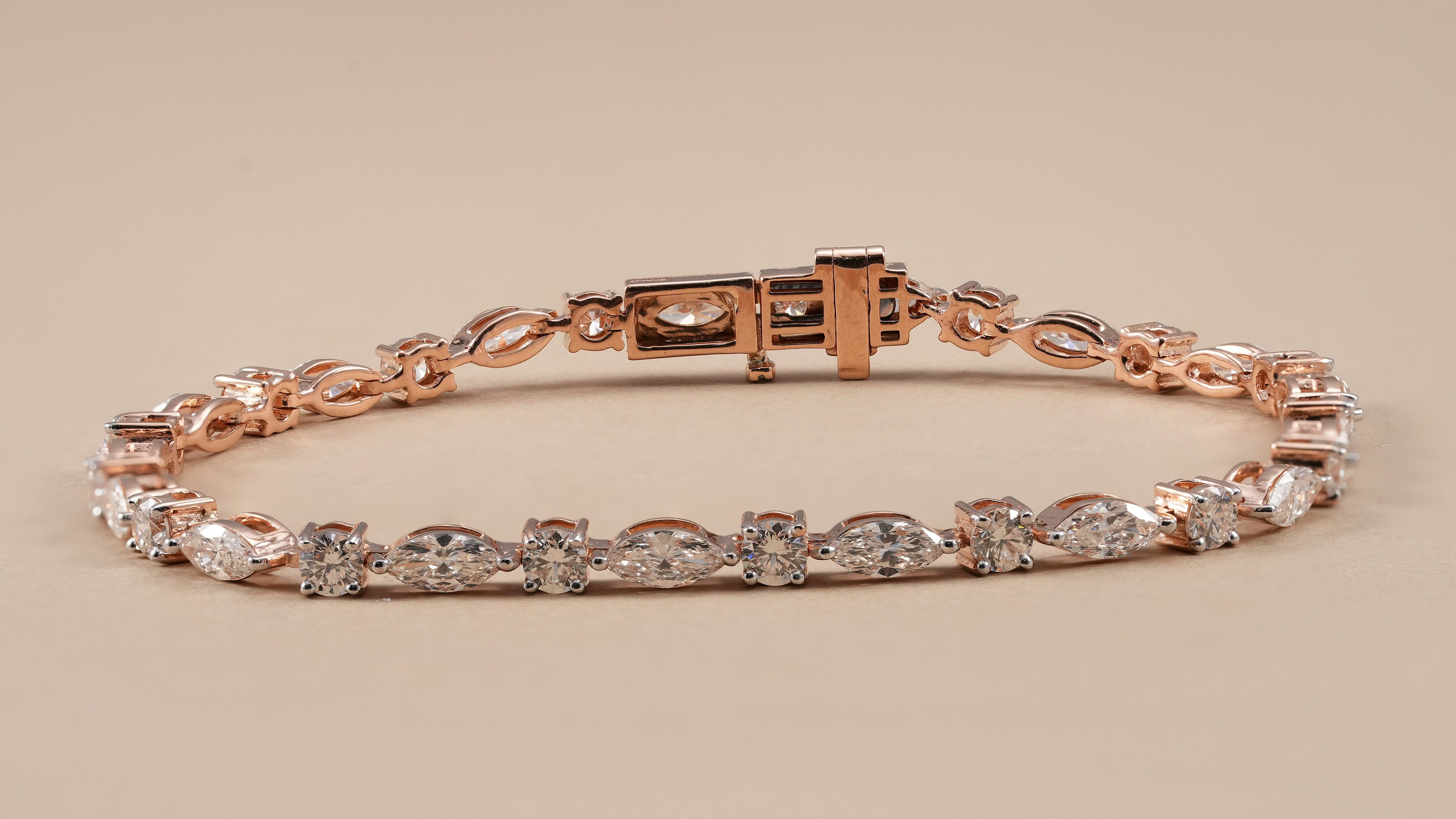 Alternating round and marquise lab grown diamond tennis bracelet in rose gold