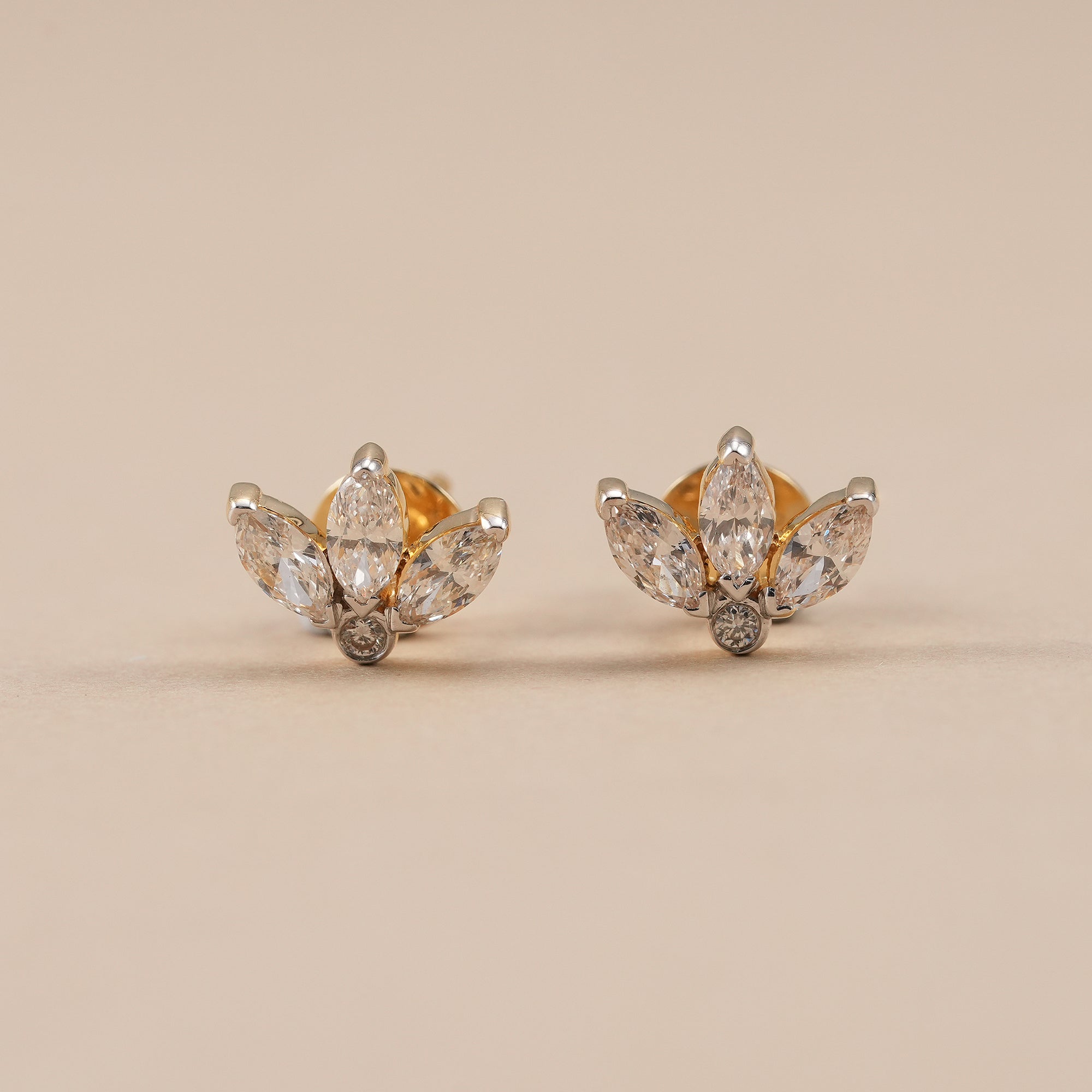 Marquise lab grown diamond floral stud earrings in polished yellow gold