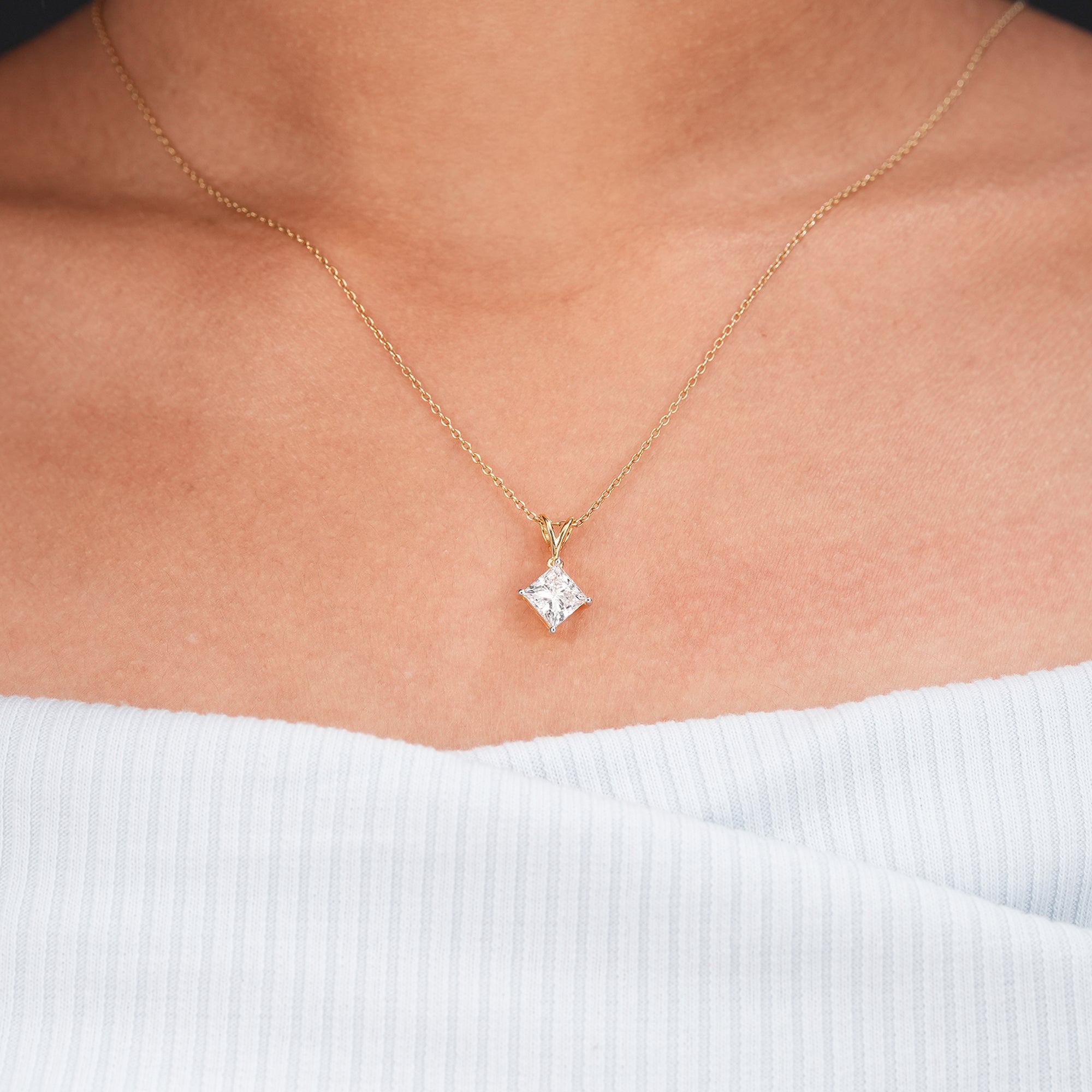 Princess cut lab grown diamond pendant necklace in yellow gold