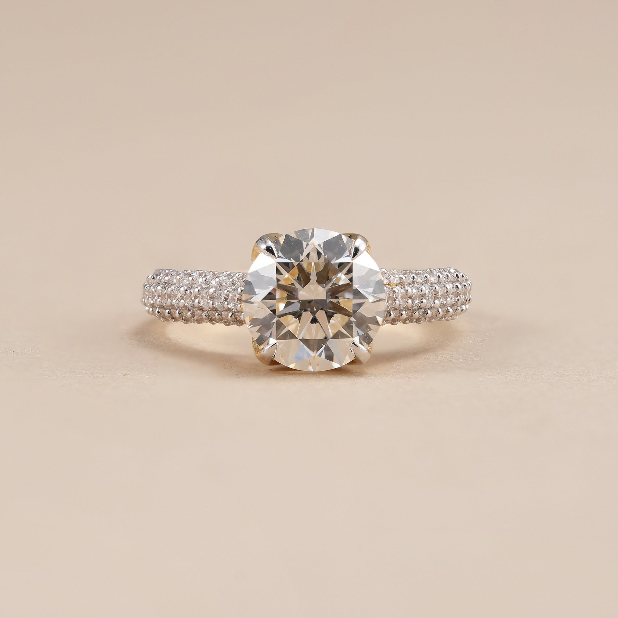 Round lab grown diamond engagement ring with triple pavé diamond band