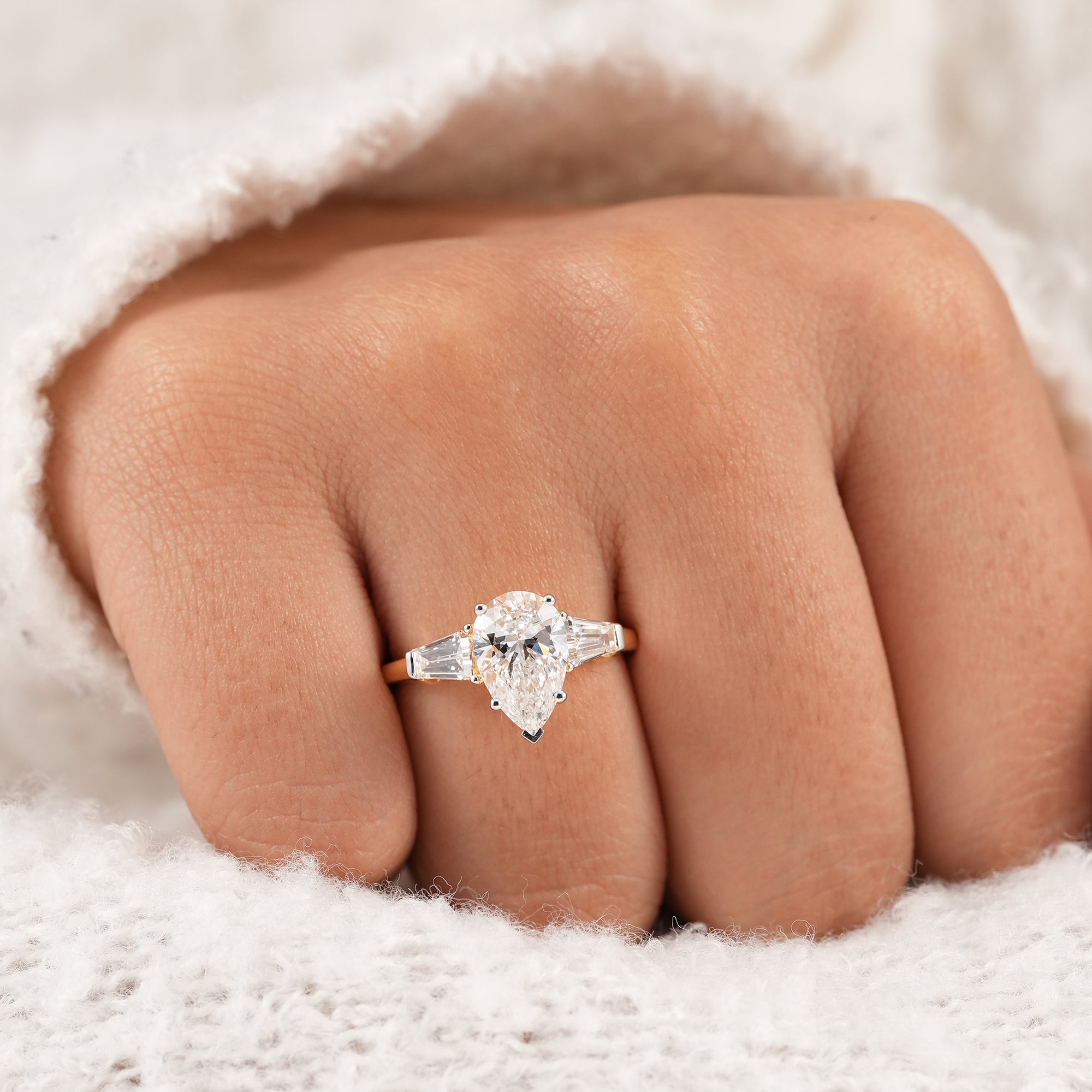 Pear lab grown diamond wedding ring with classic four prong setting