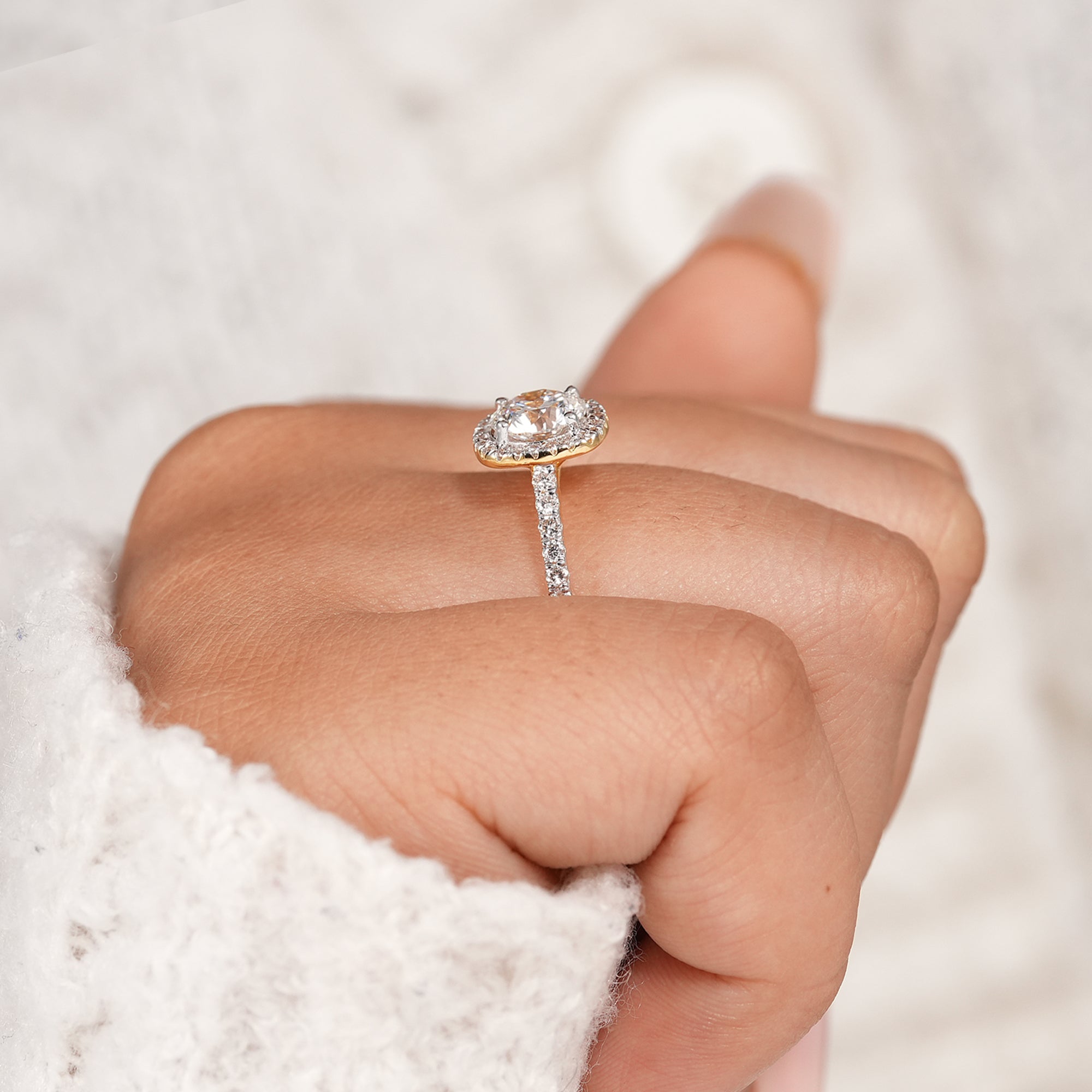 Round Halo Lab Grown Diamond Engagement Ring Cushion Halo Pave Bridal Ring