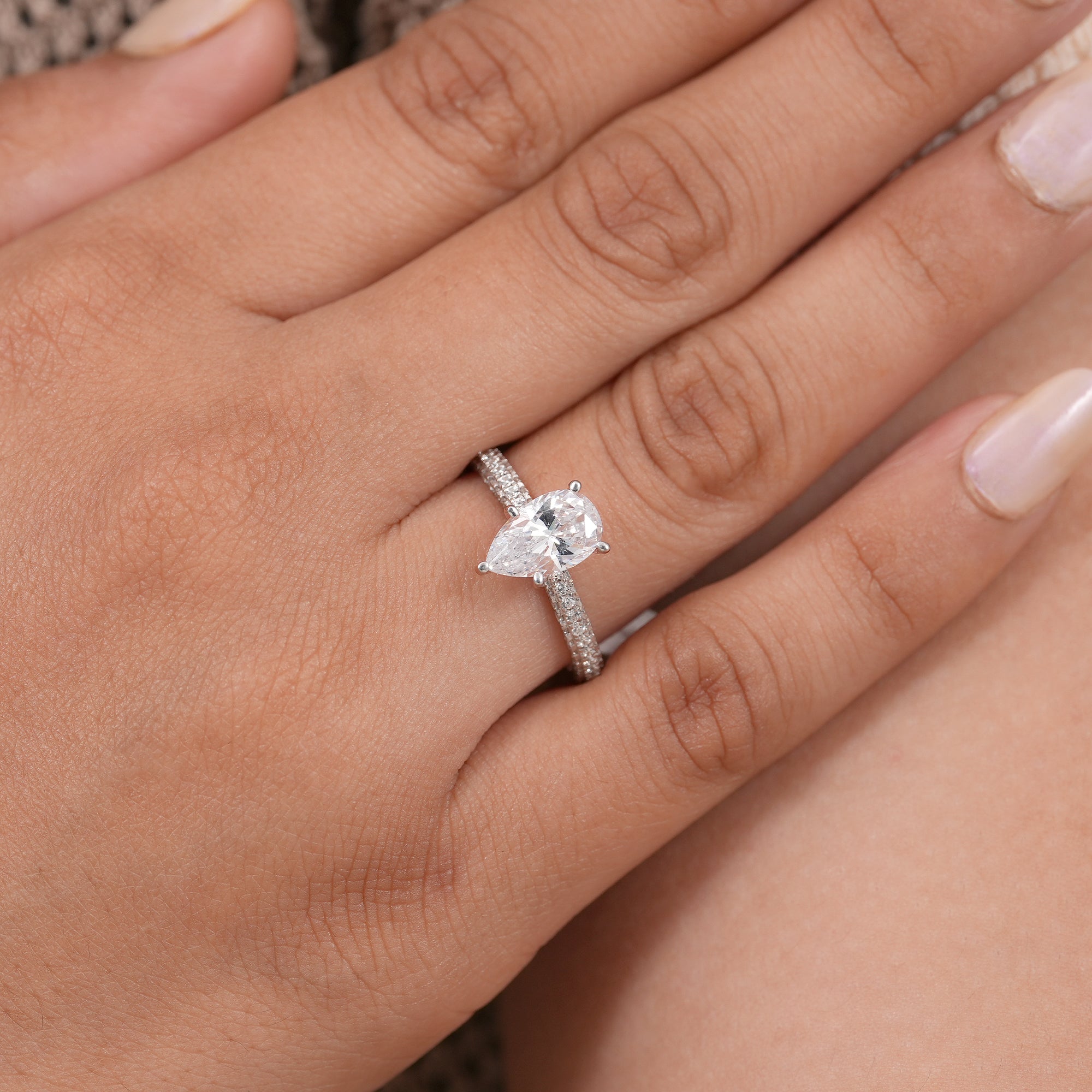 Pear Cut Lab Diamond Engagement Ring With Pave Band