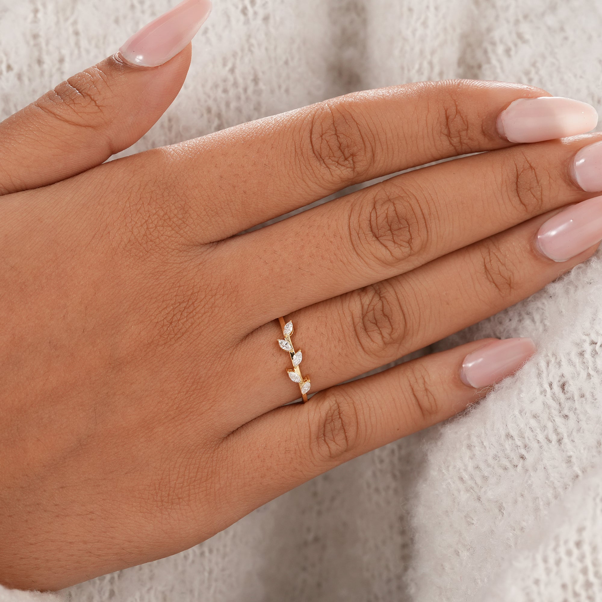 Women's marquise diamond promise band with nature inspired styling