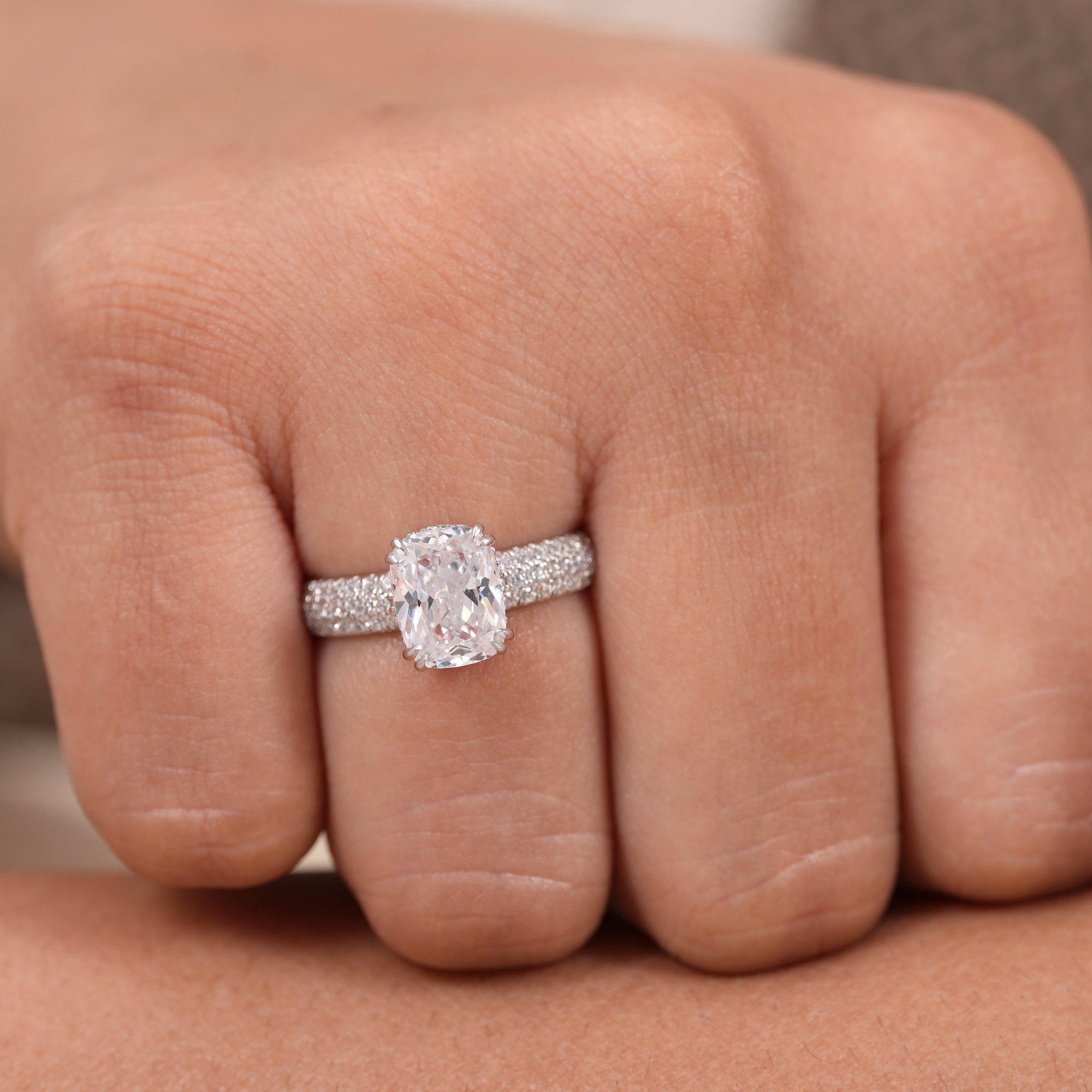 Cushion Cut Lab Diamond Engagement Ring With Pave Band