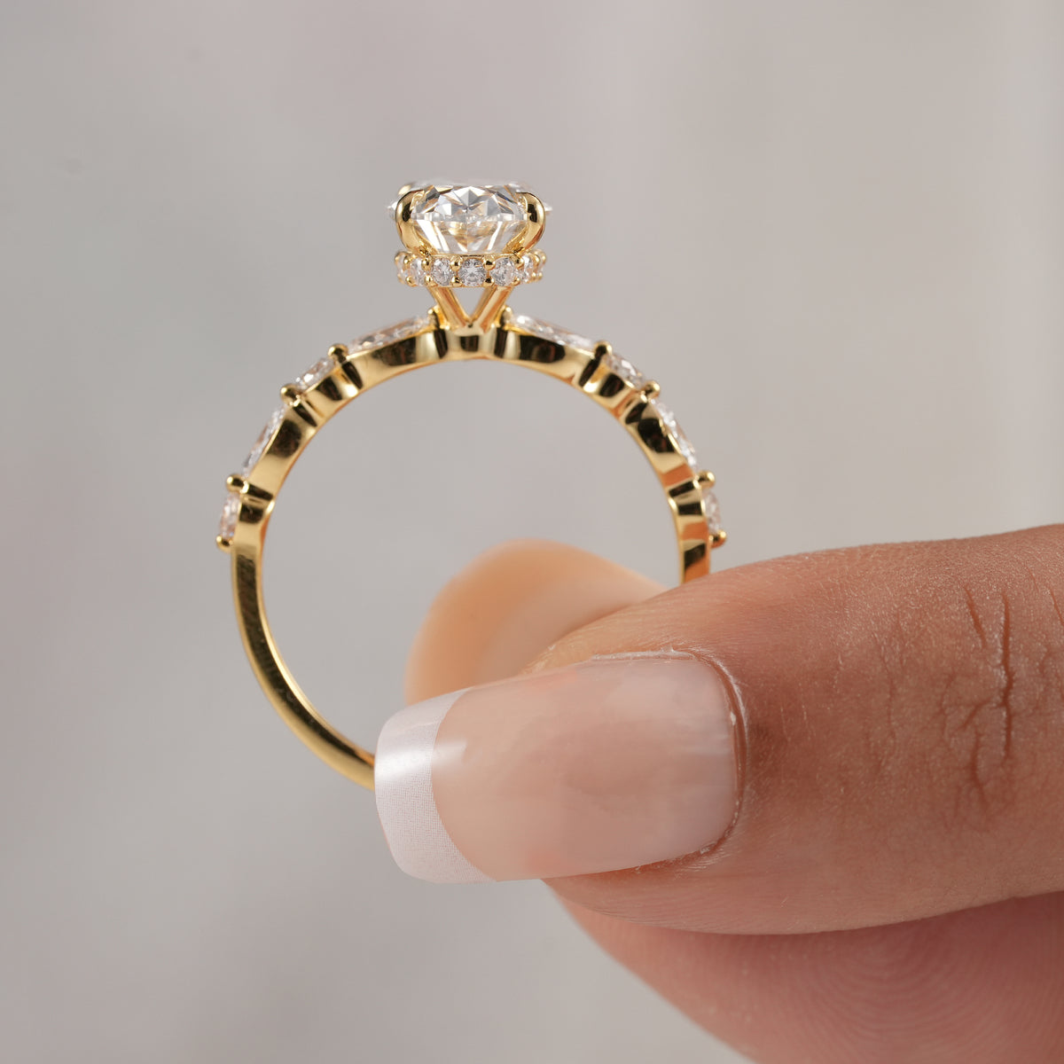 Oval Lab Grown Diamond Engagement Ring Hidden Halo Oval Solitaire Ring Alternating Marquise & Round Diamond Band