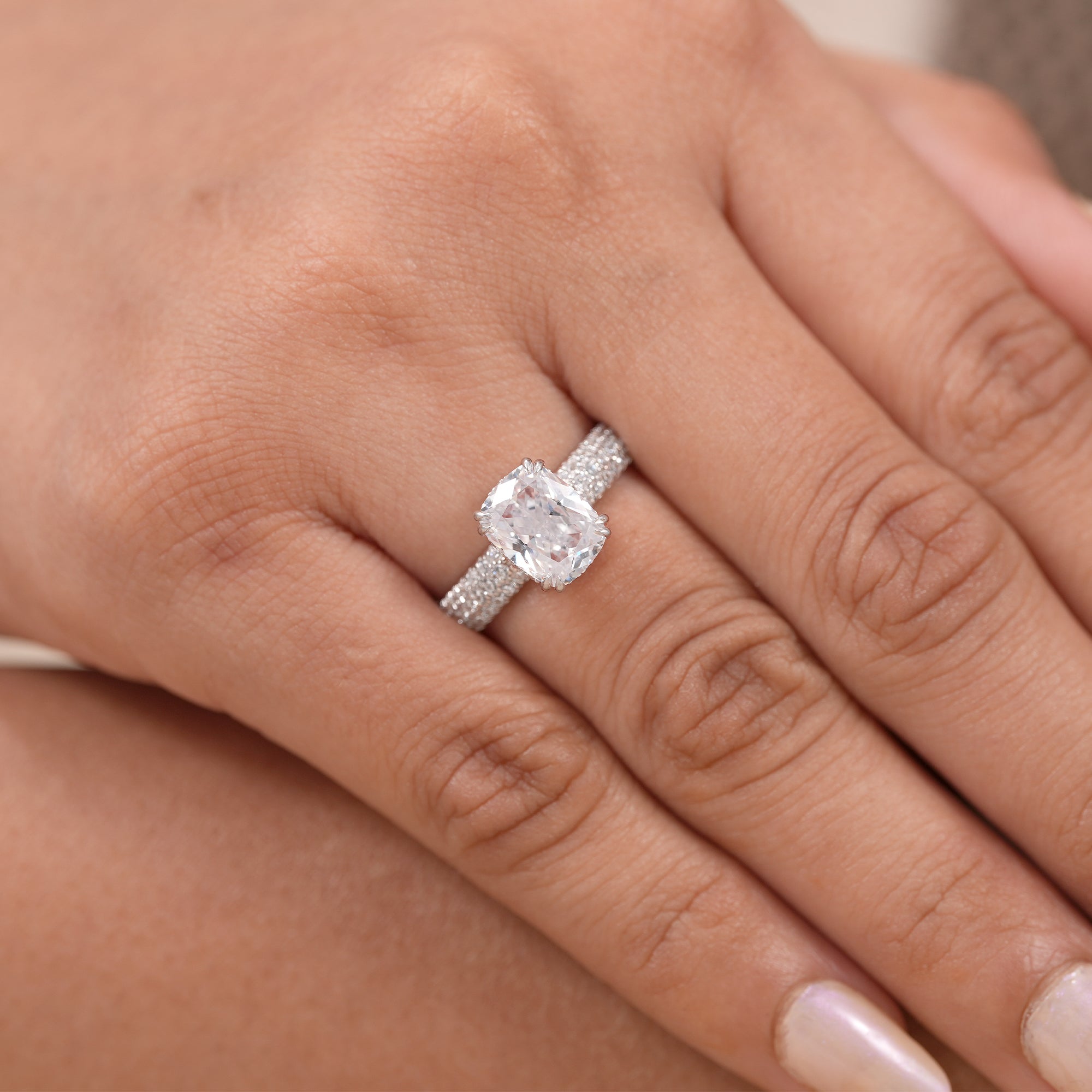 Cushion Cut Lab Diamond Engagement Ring With Pave Band