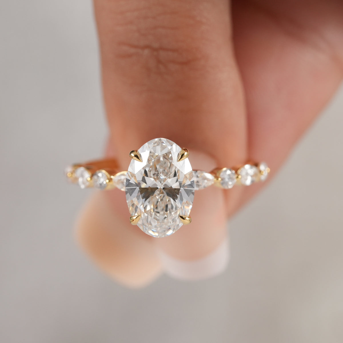 Oval Lab Grown Diamond Engagement Ring Hidden Halo Oval Solitaire Ring Alternating Marquise & Round Diamond Band