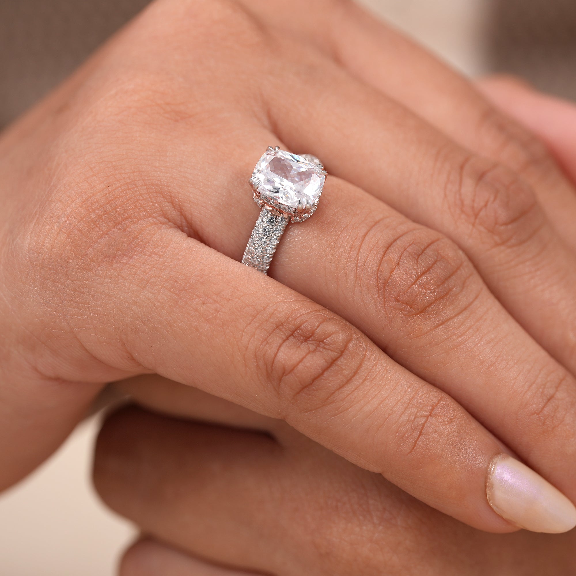 Cushion Cut Lab Diamond Engagement Ring With Pave Band