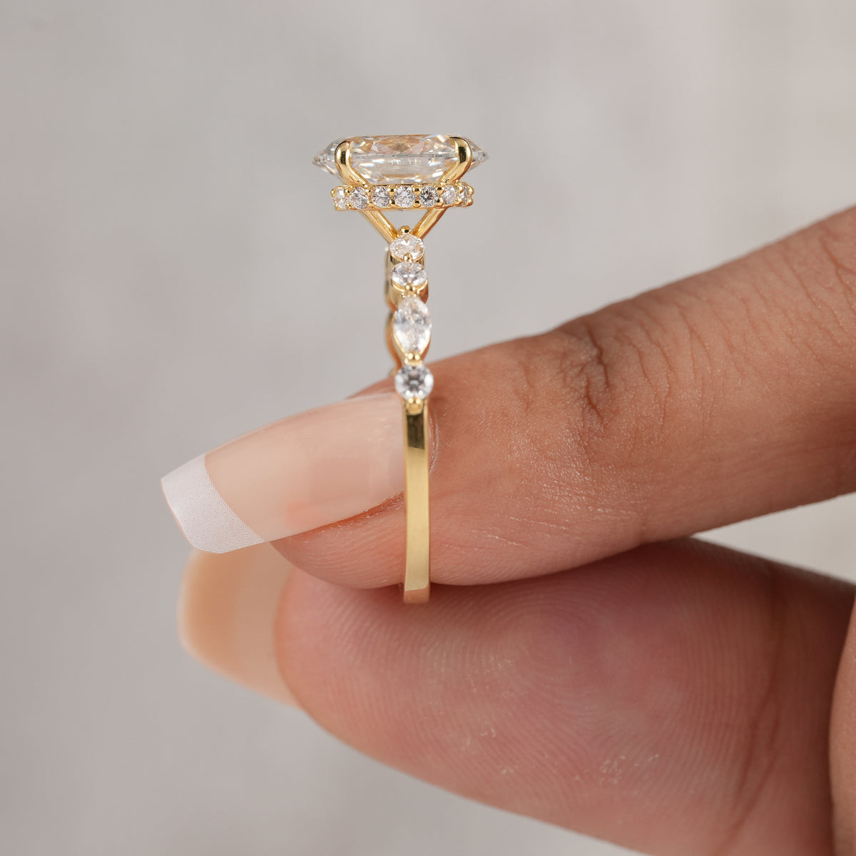 Oval Lab Grown Diamond Engagement Ring Hidden Halo Oval Solitaire Ring Alternating Marquise & Round Diamond Band