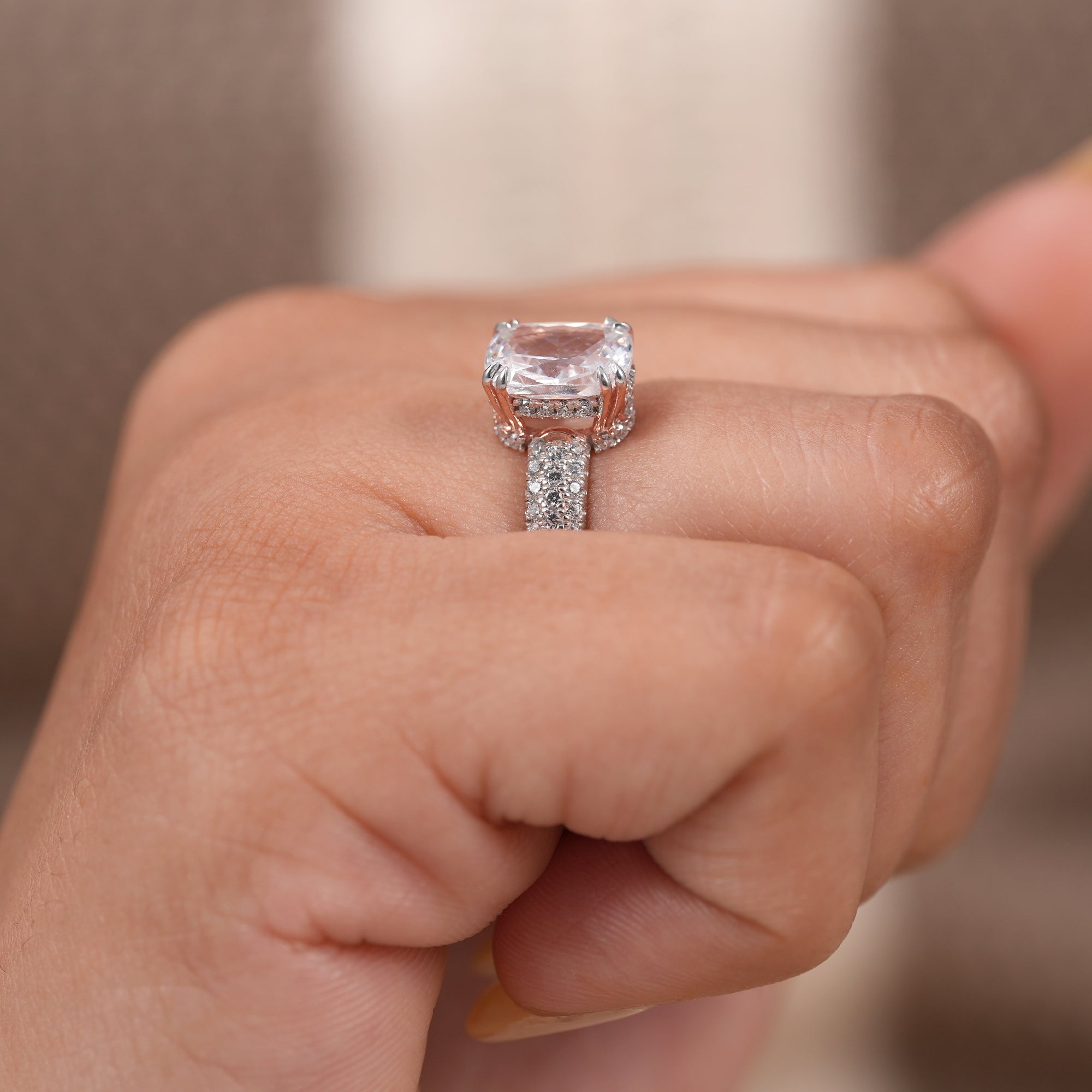 Cushion Cut Lab Diamond Engagement Ring With Pave Band