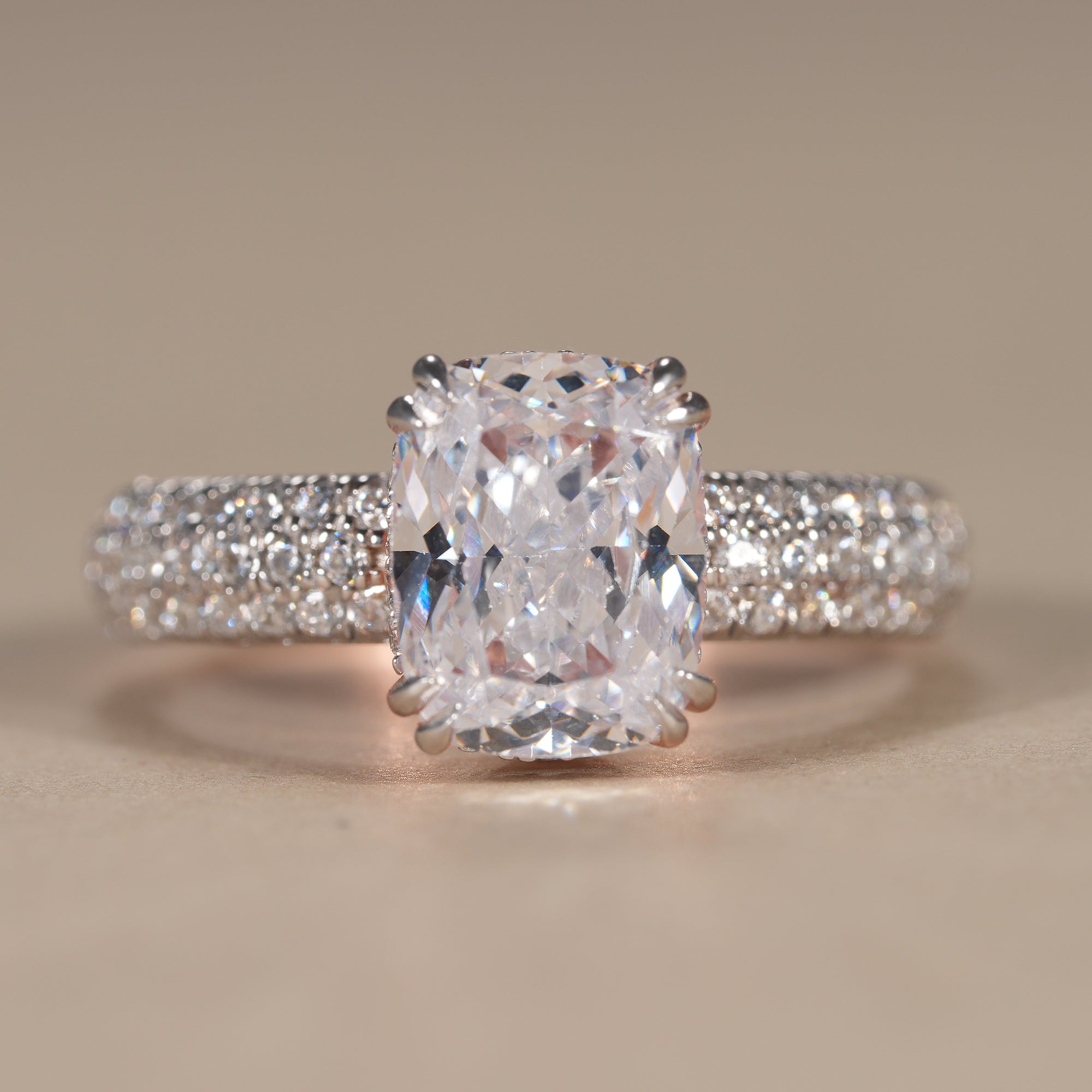 Cushion Cut Lab Diamond Engagement Ring With Pave Band