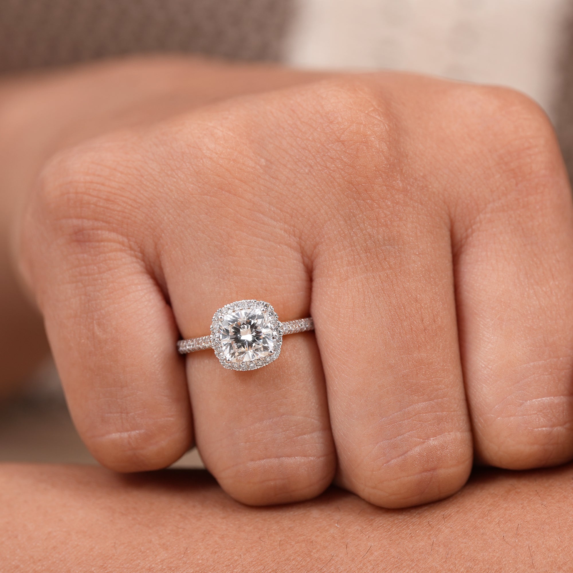 Cushion Cut Lab Grown Diamond Halo Engagement Ring
