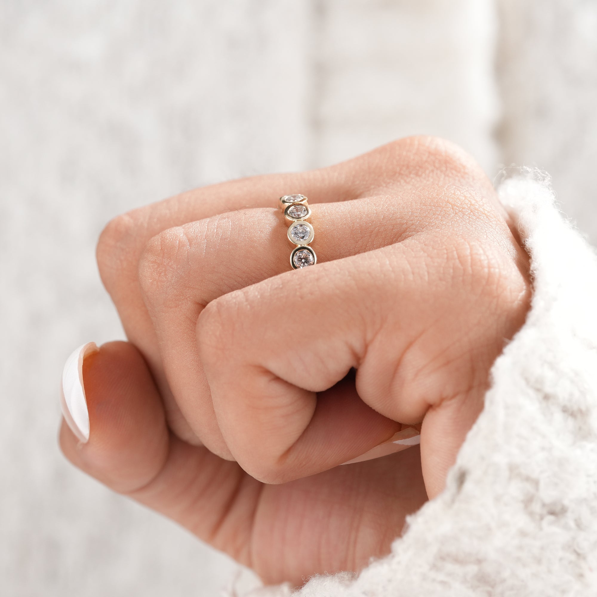 Timeless bezel set eternity ring for women.