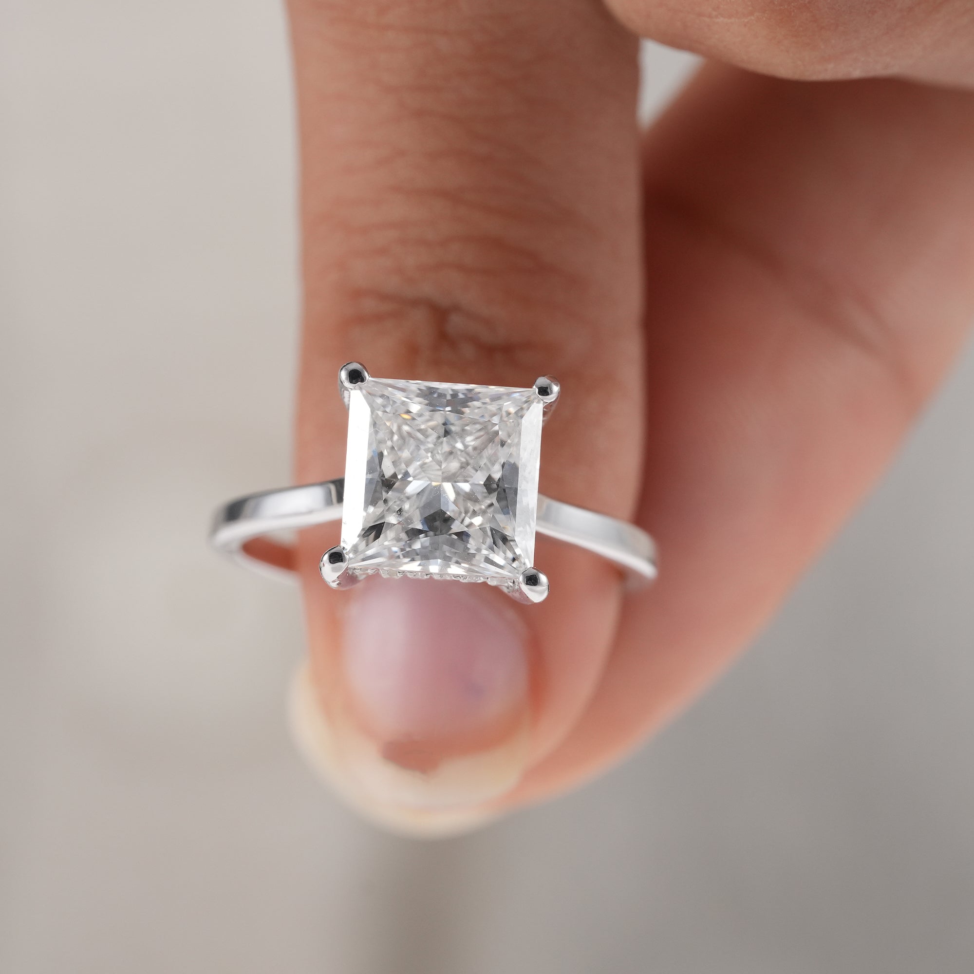 Sustainable princess lab grown diamond engagement ring.