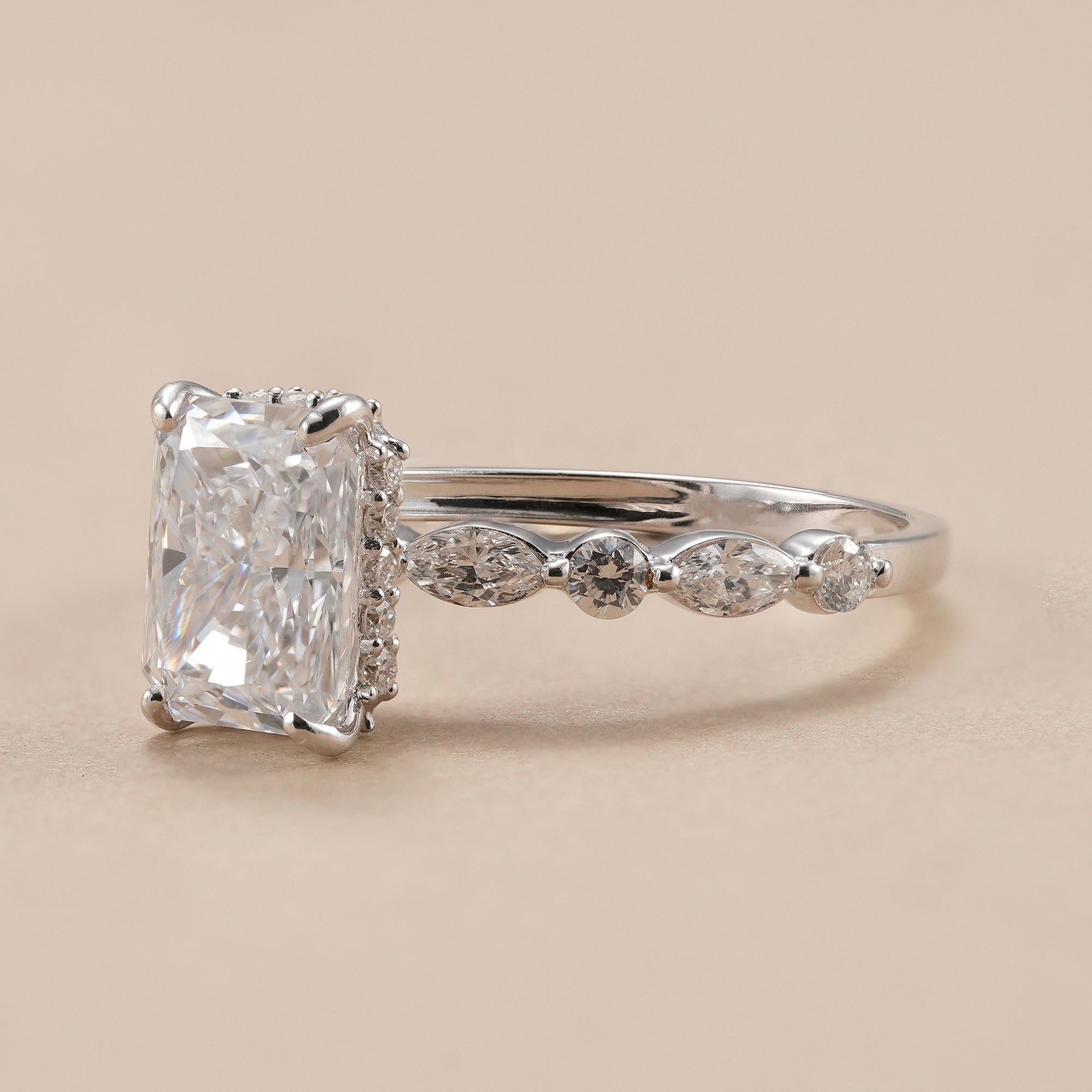 IGI certified radiant cut lab diamond engagement ring with hidden halo.