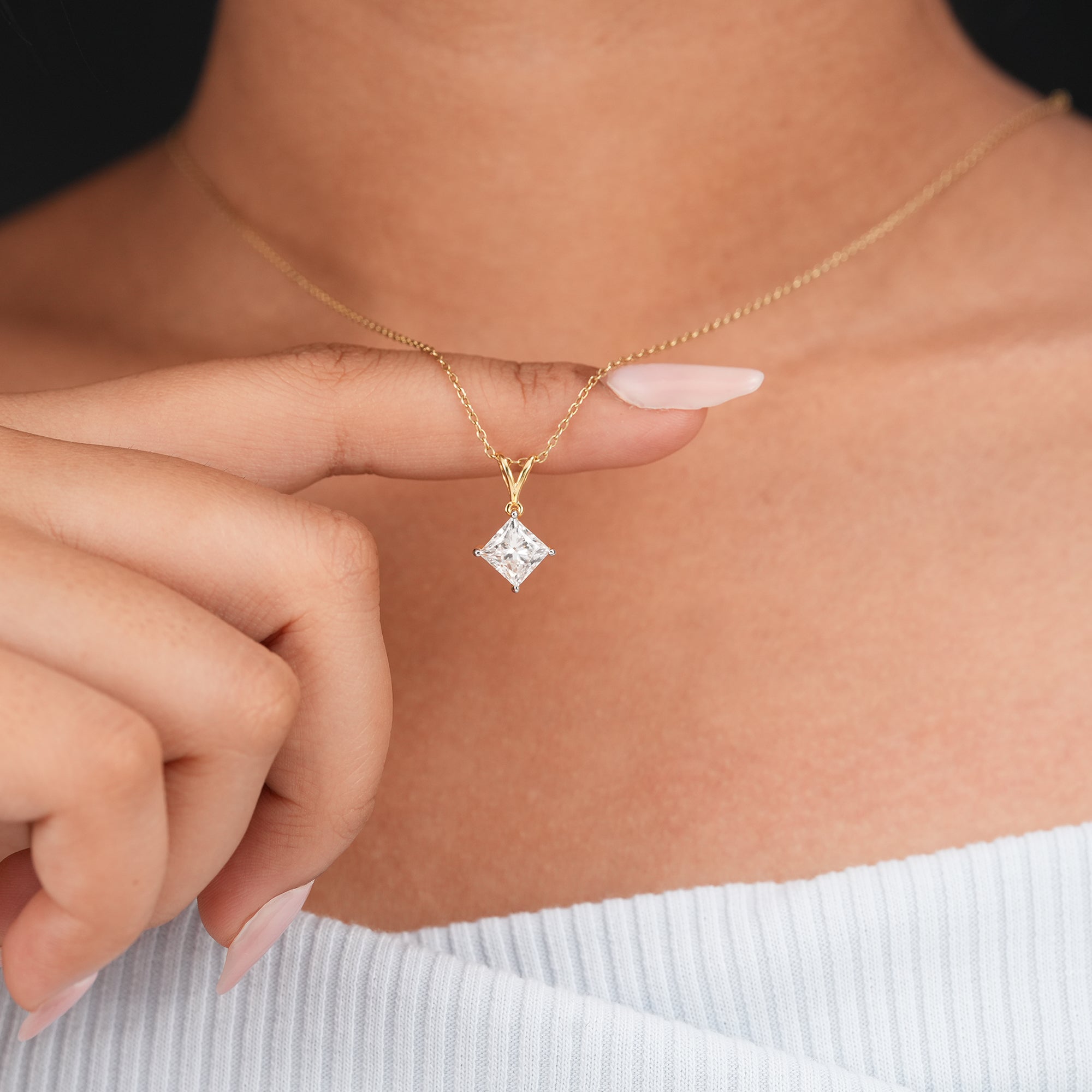 Square solitaire lab diamond pendant with four prong setting