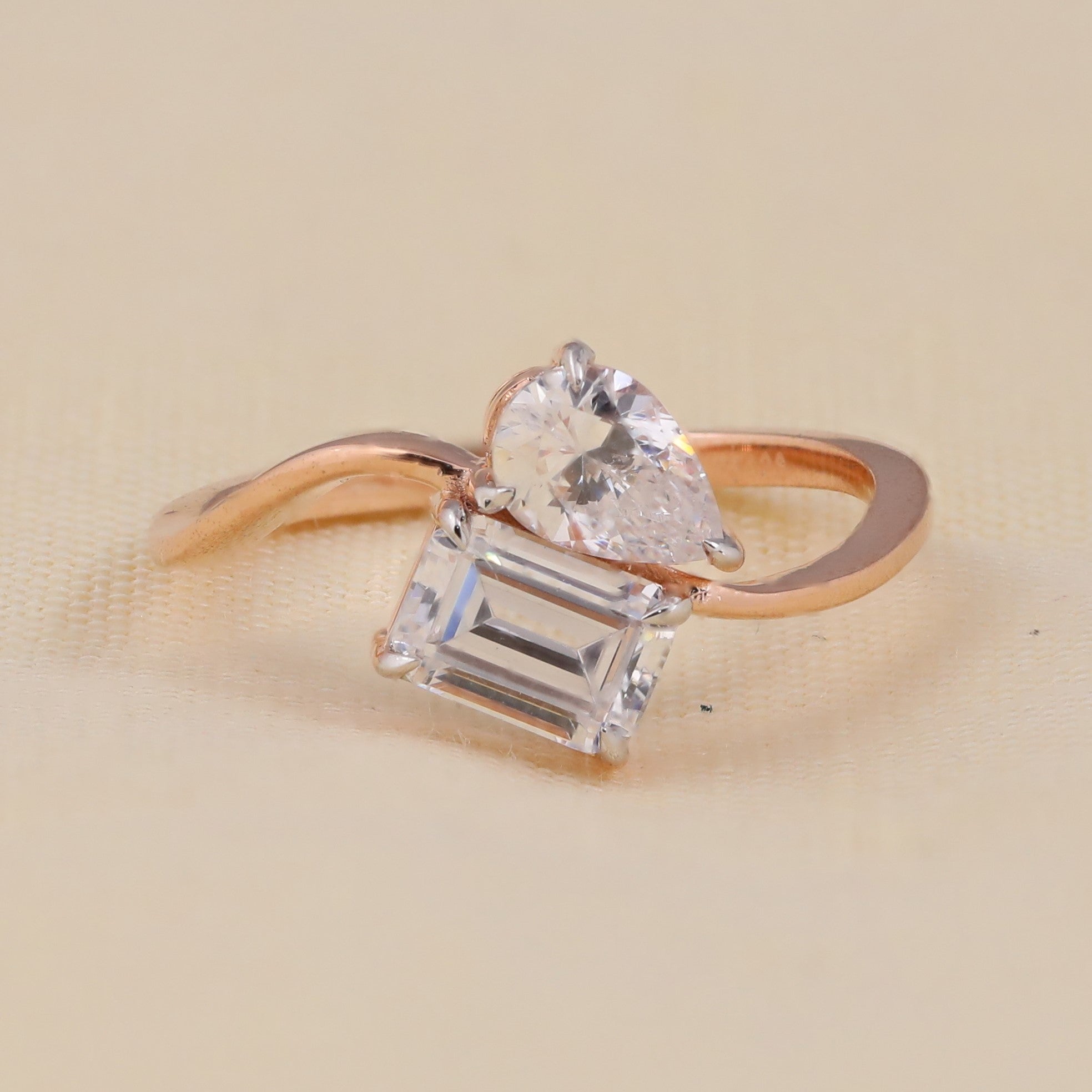 Pear and emerald cut diamond open bypass ring for women
