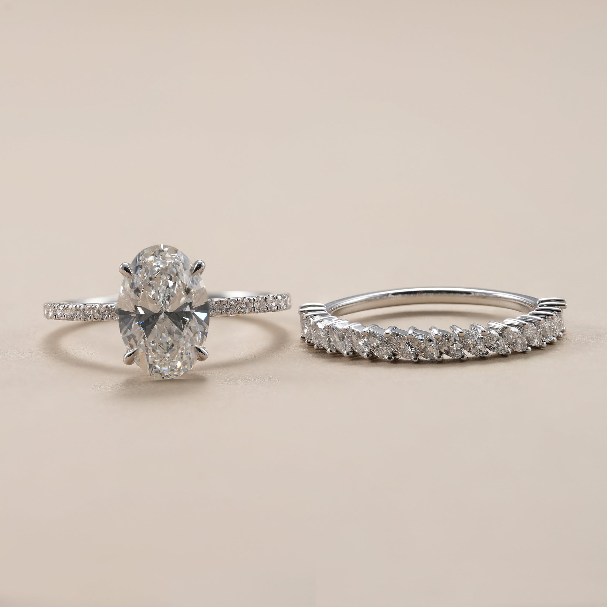 IGI certified oval lab grown diamond bridal ring set in white gold.