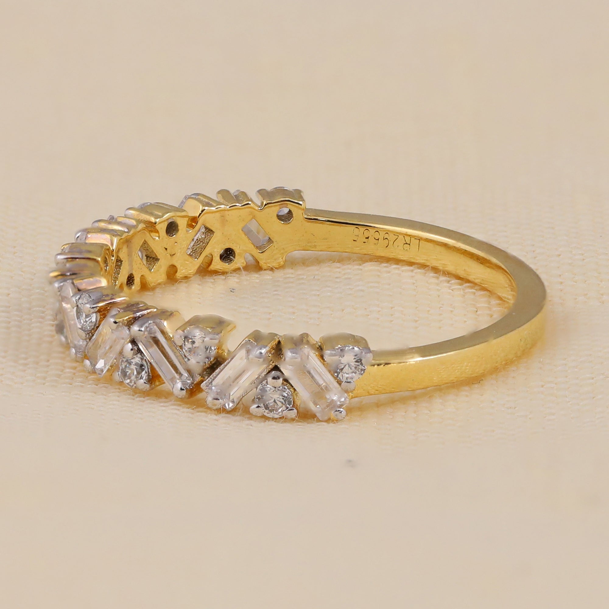 V-shaped baguette and round lab grown diamond stacking band