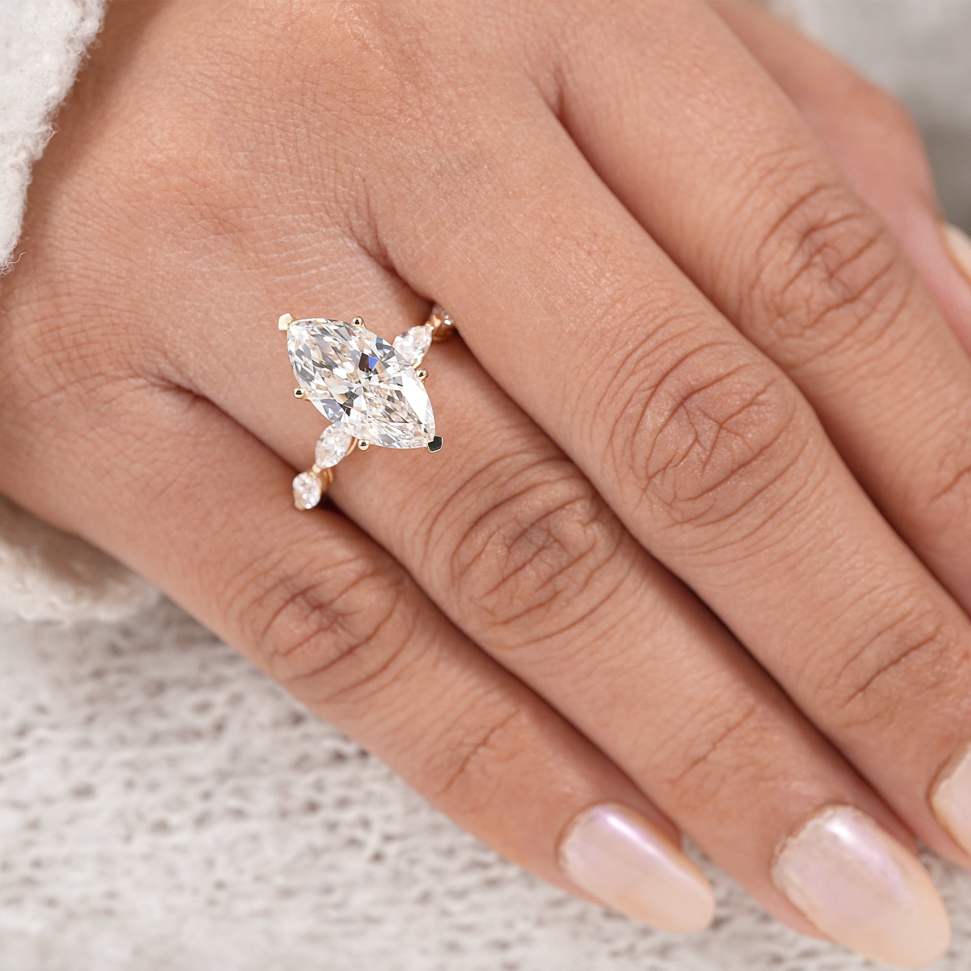 Romantic marquise lab diamond bridal ring with delicate gold band