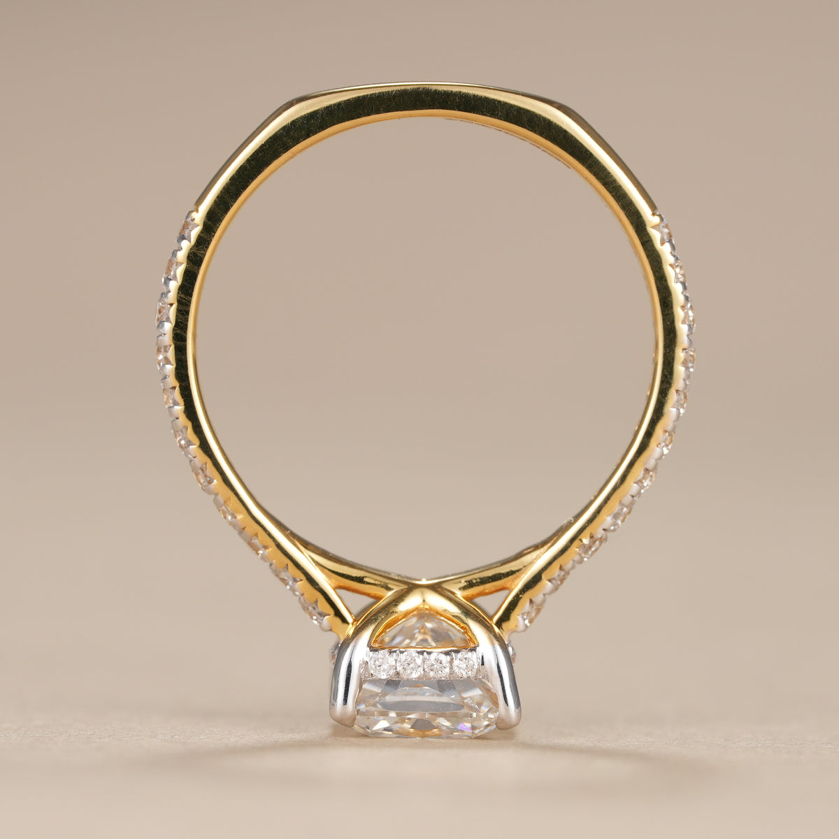 Elegant cushion lab grown diamond ring with pavé shoulders and premium handcrafted craftsmanship.