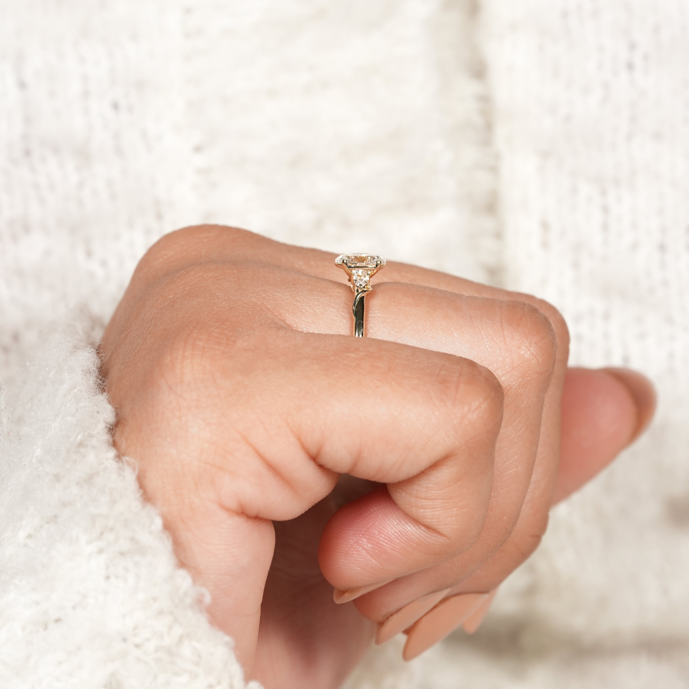 Romantic Oval Lab Diamond Engagement Ring with Curved Gold Band