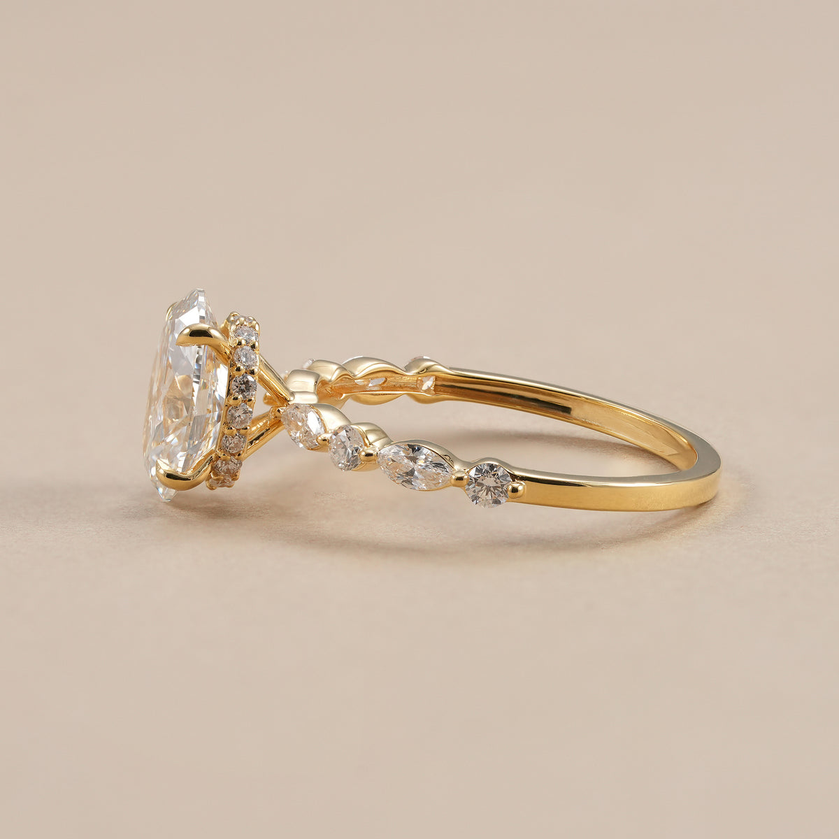 Oval Lab Grown Diamond Engagement Ring Hidden Halo Oval Solitaire Ring Alternating Marquise & Round Diamond Band