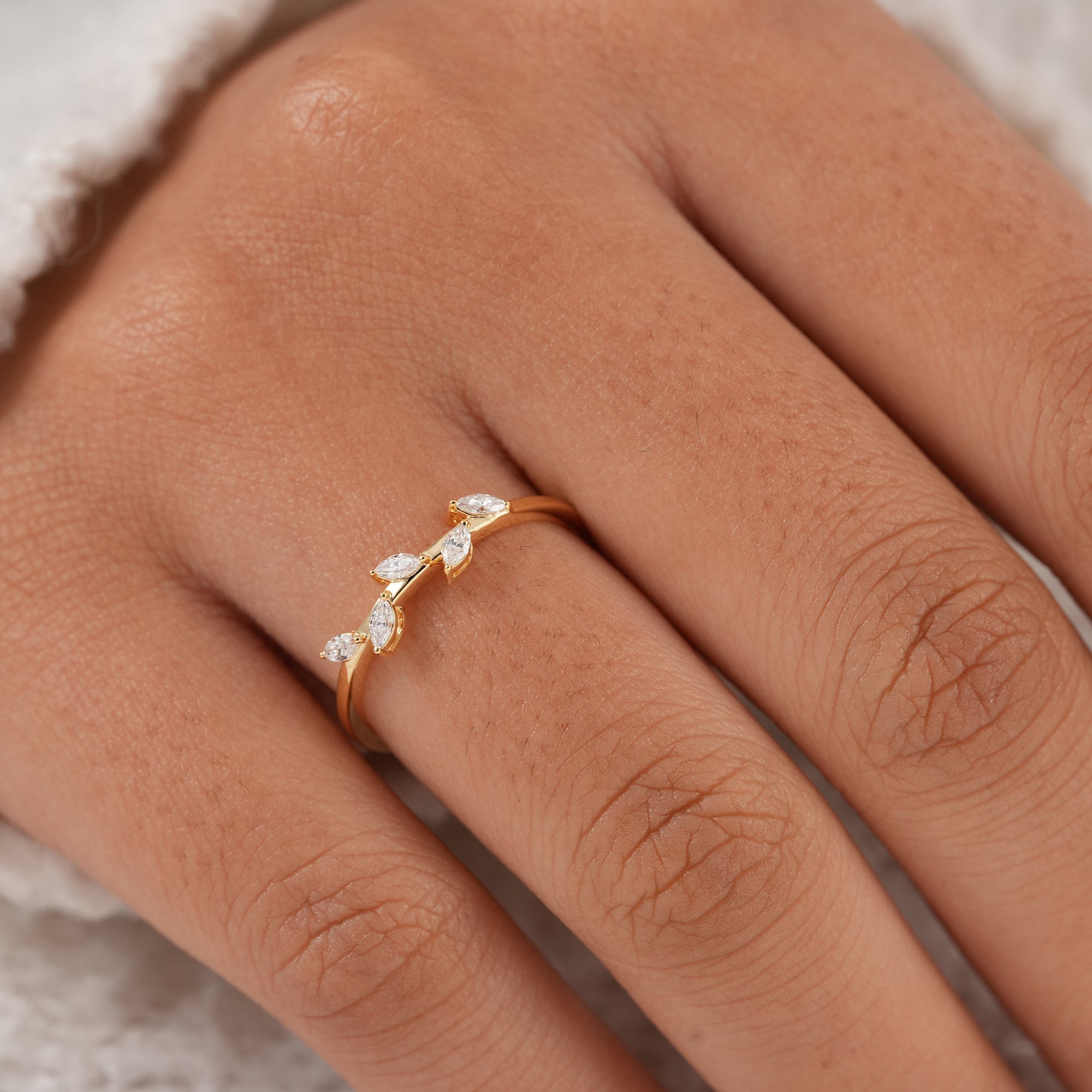 Nature inspired marquise diamond wedding band for women