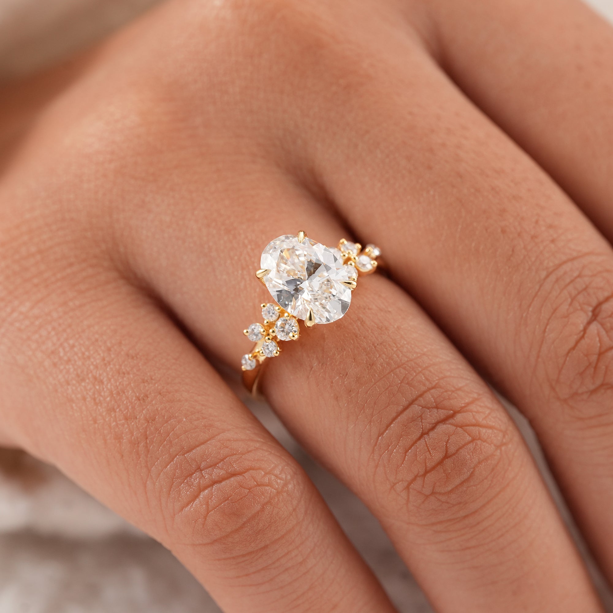 IGI certified oval lab grown diamond ring with floral design