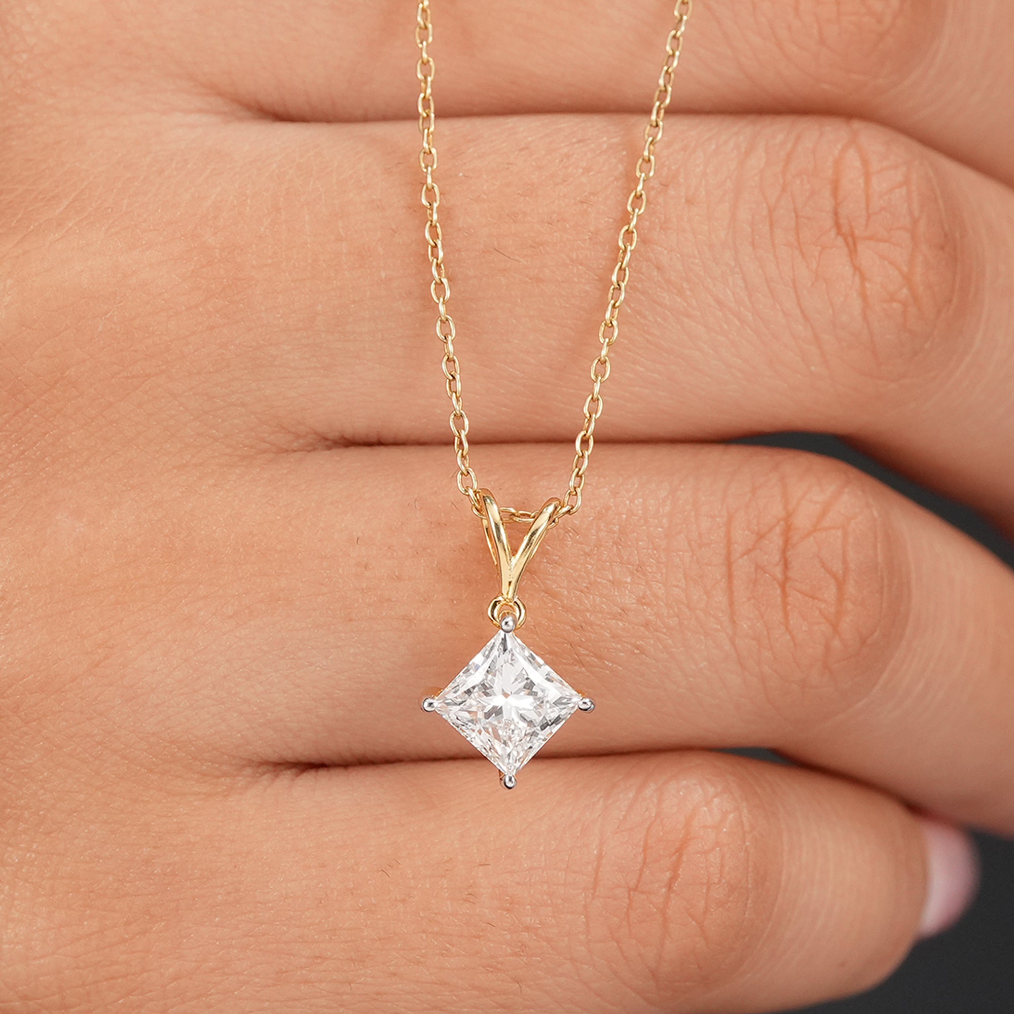 Elegant princess lab grown diamond necklace on gold chain
