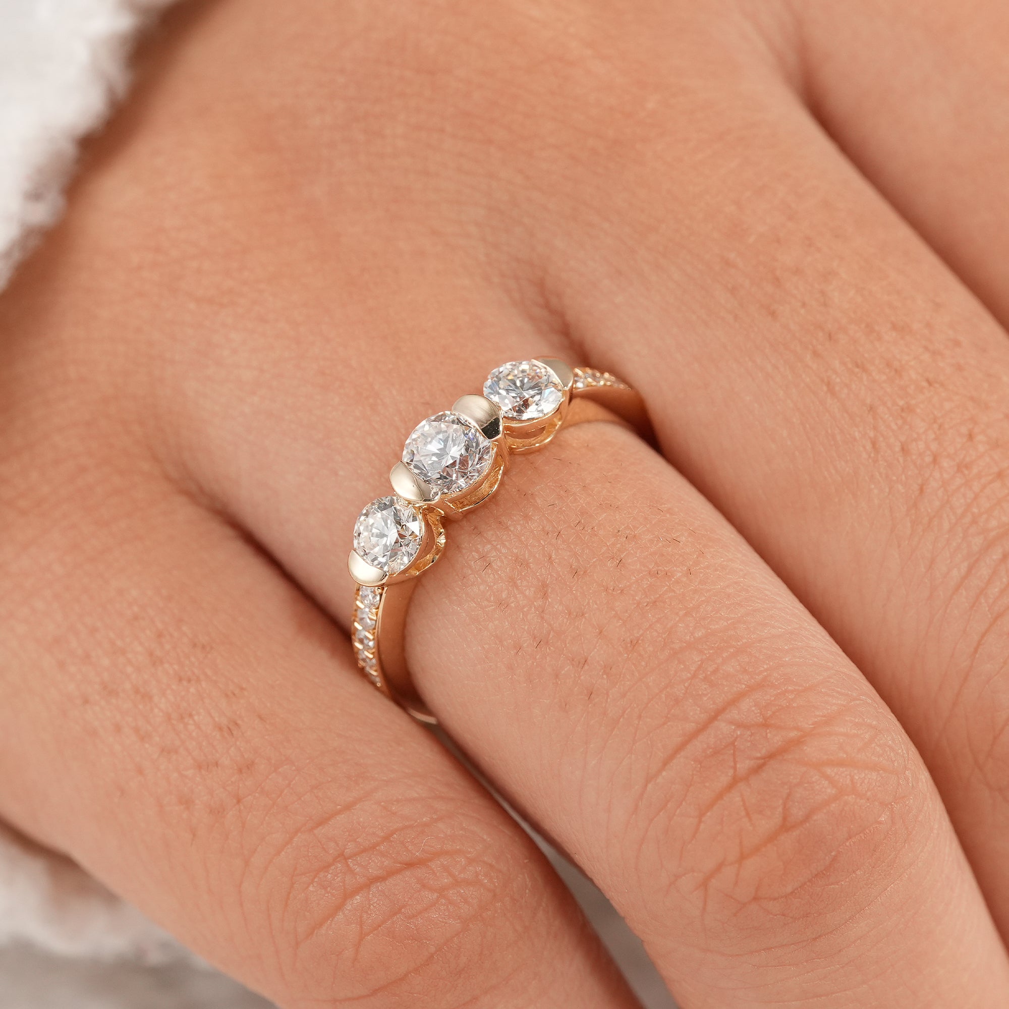 Three stone round lab diamond engagement ring handcrafted in solid gold