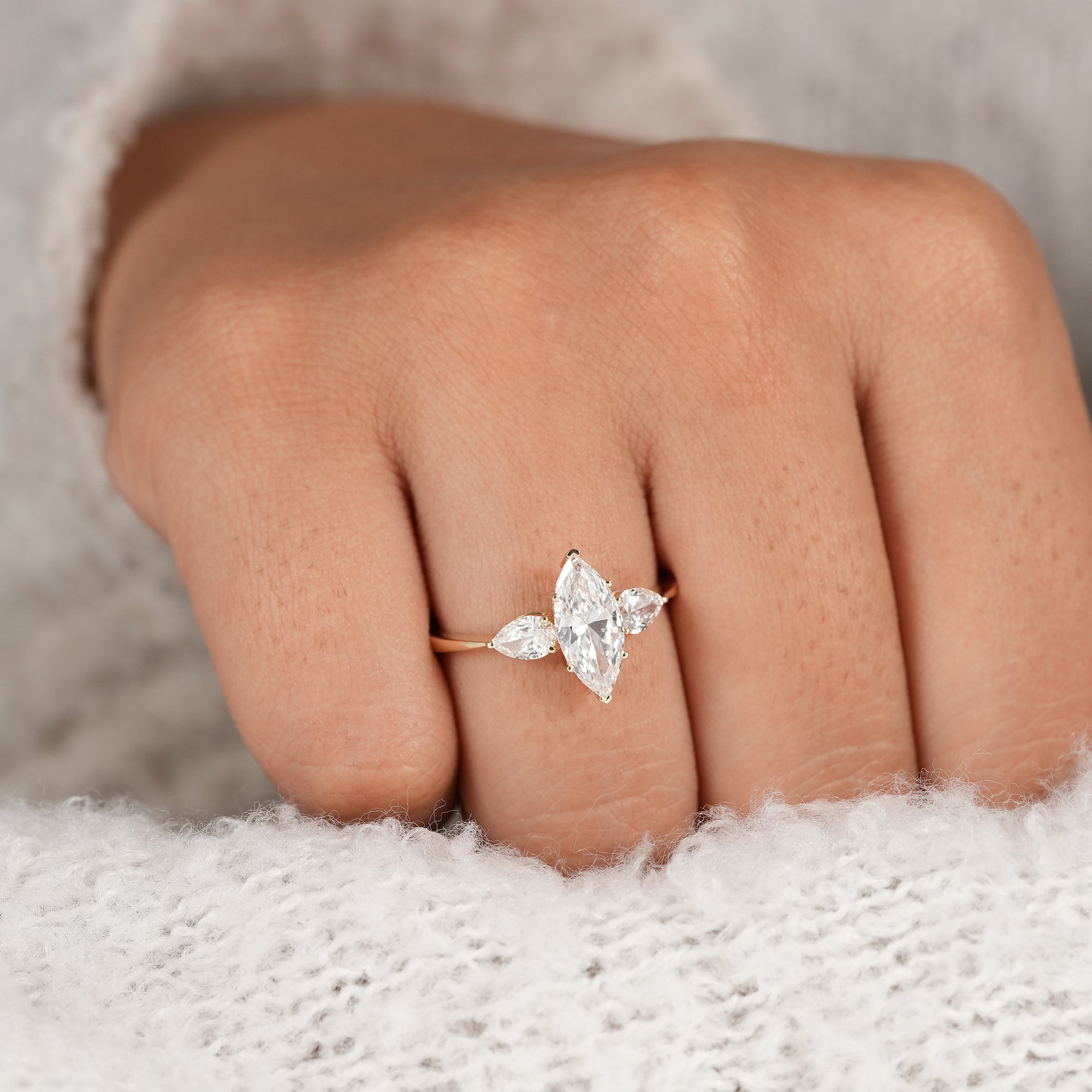 Three Stone Marquise Cut Lab Diamond Engagement Ring With Pear Side Stones