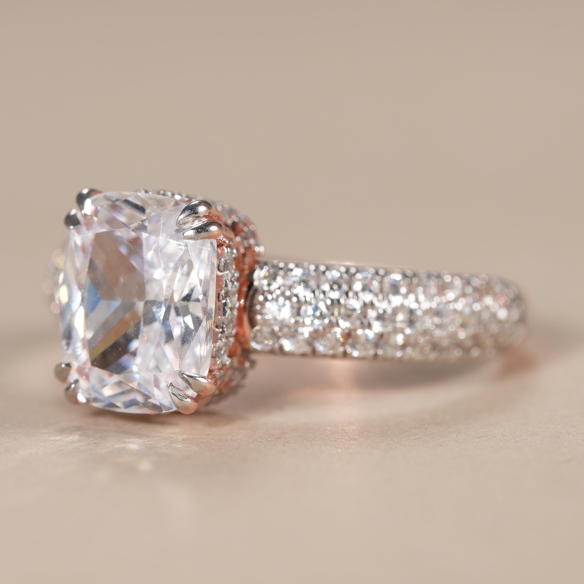 Cushion Cut Lab Diamond Engagement Ring With Pave Band
