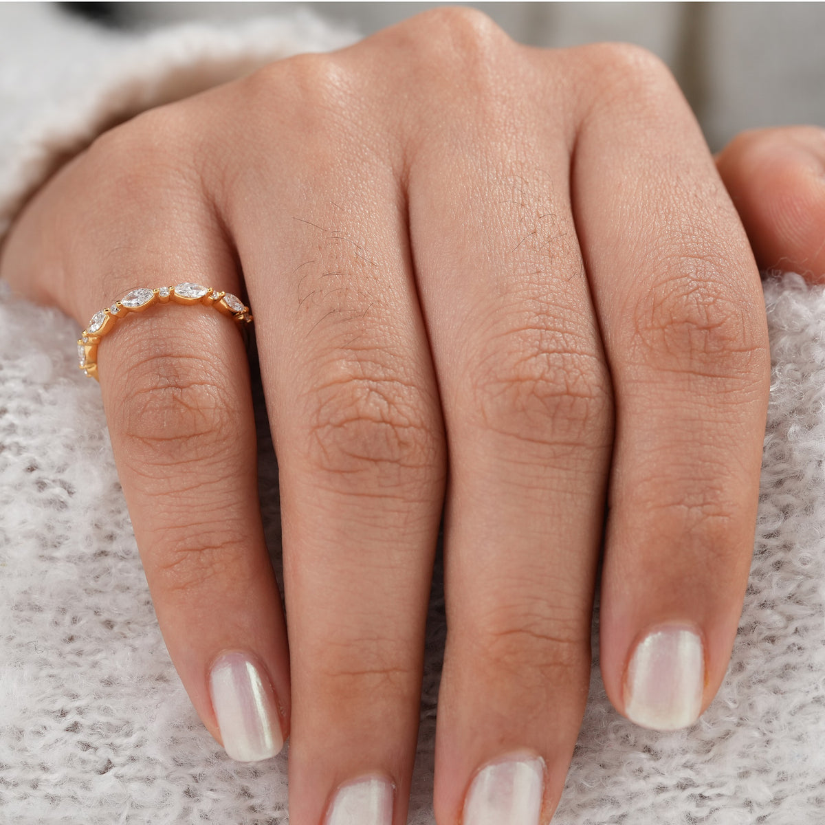 Marquise and Round Lab Diamond Half Eternity Wedding Band