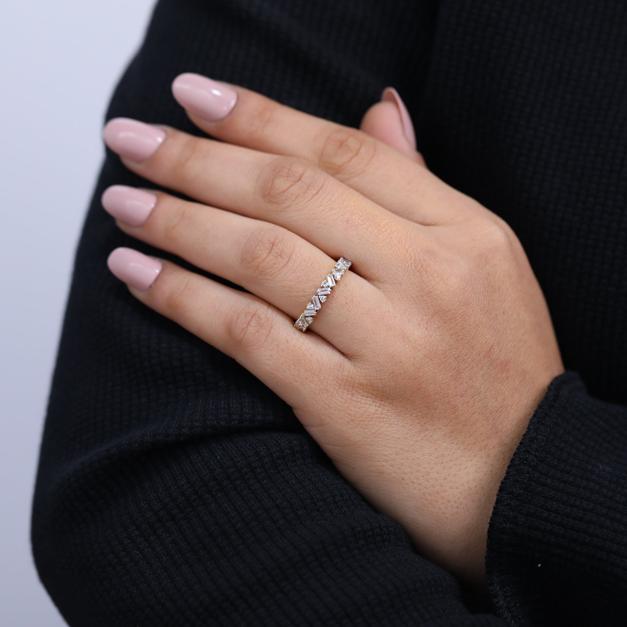 Chevron style baguette and round lab diamond band for women