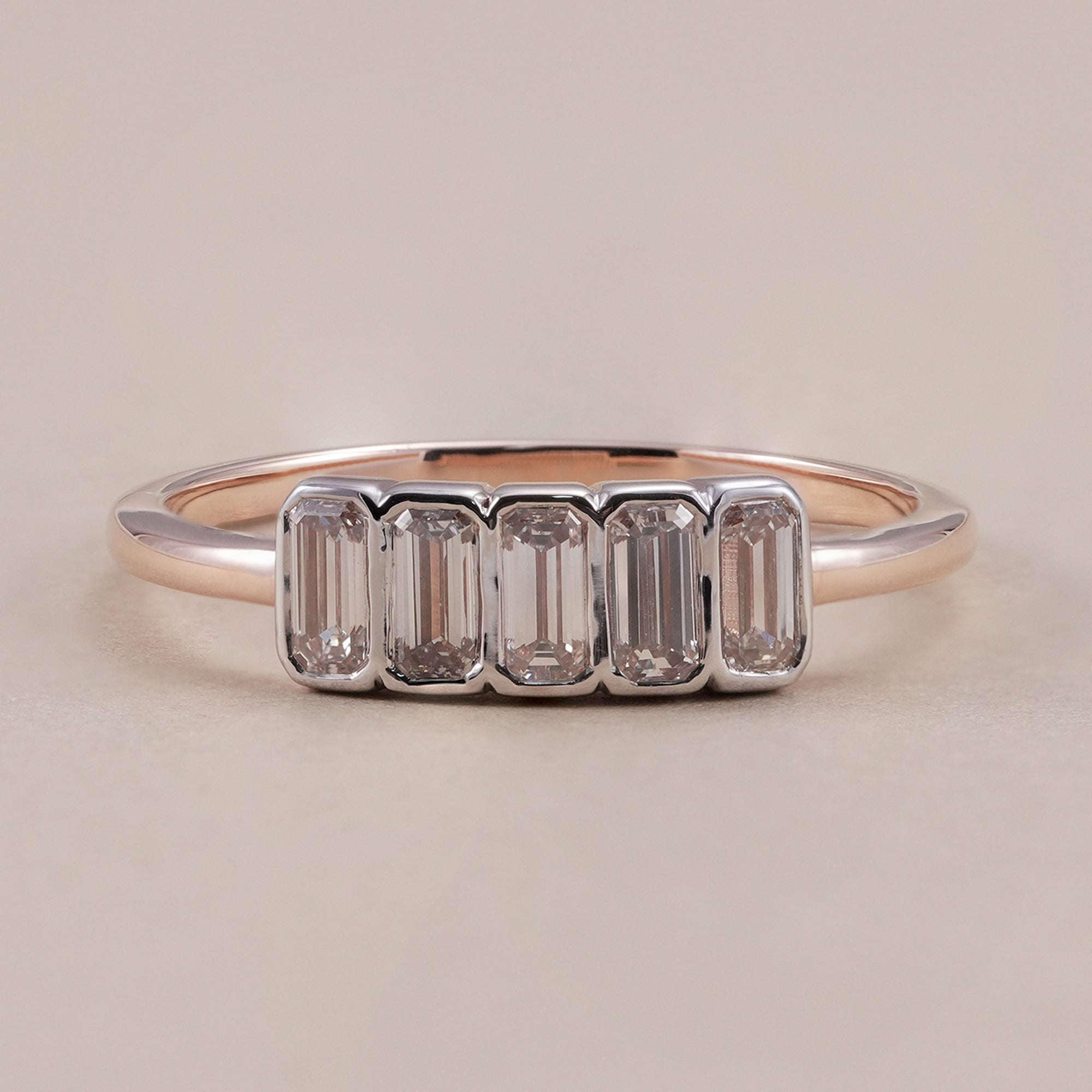 Bezel Set 5 Stone Emerald Cut Lab Diamond Wedding Band