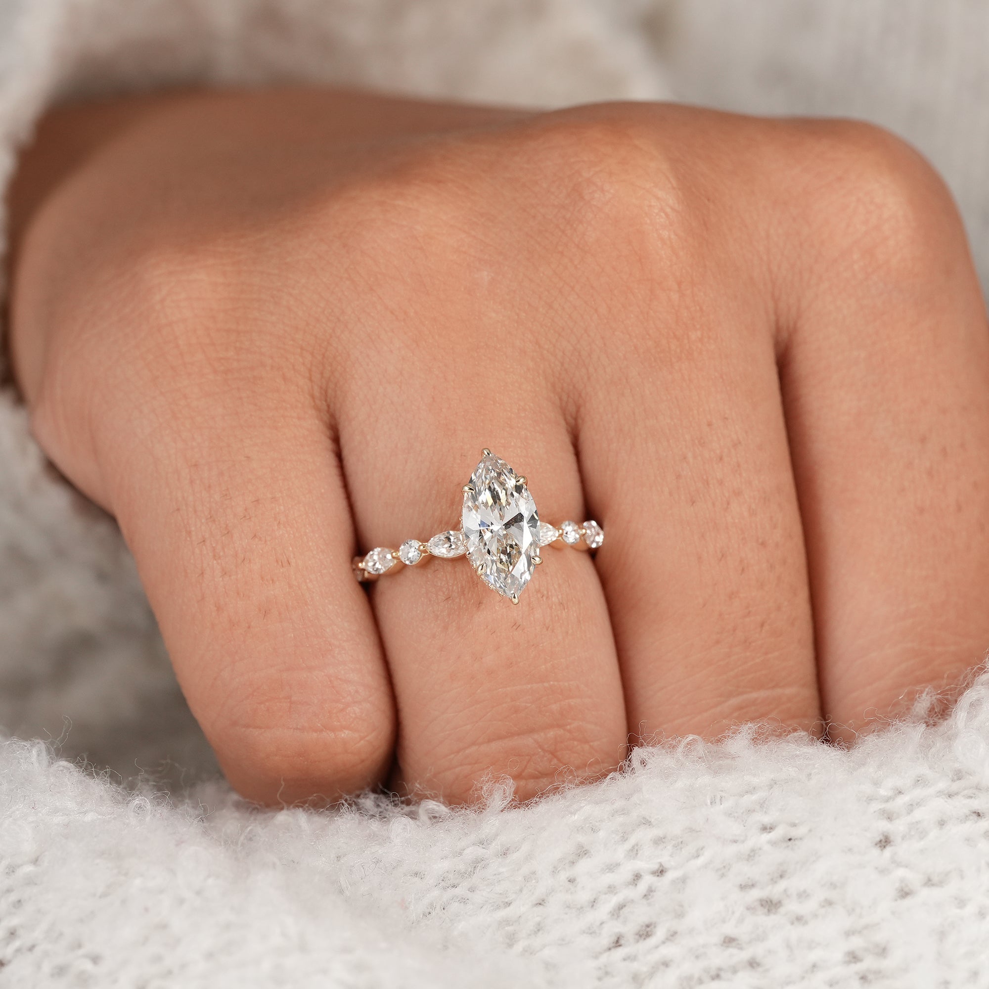 Marquise Lab Diamond Hidden Halo Engagement Ring