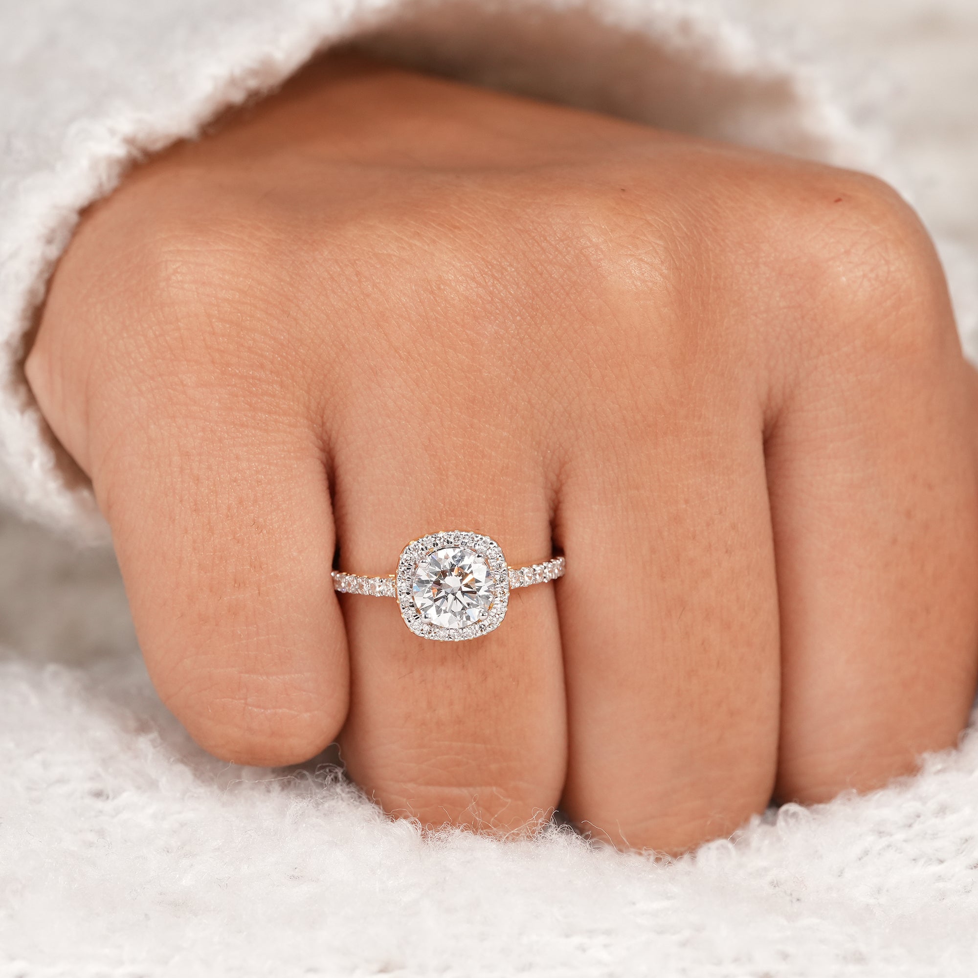 Round Halo Lab Grown Diamond Engagement Ring Cushion Halo Pave Bridal Ring