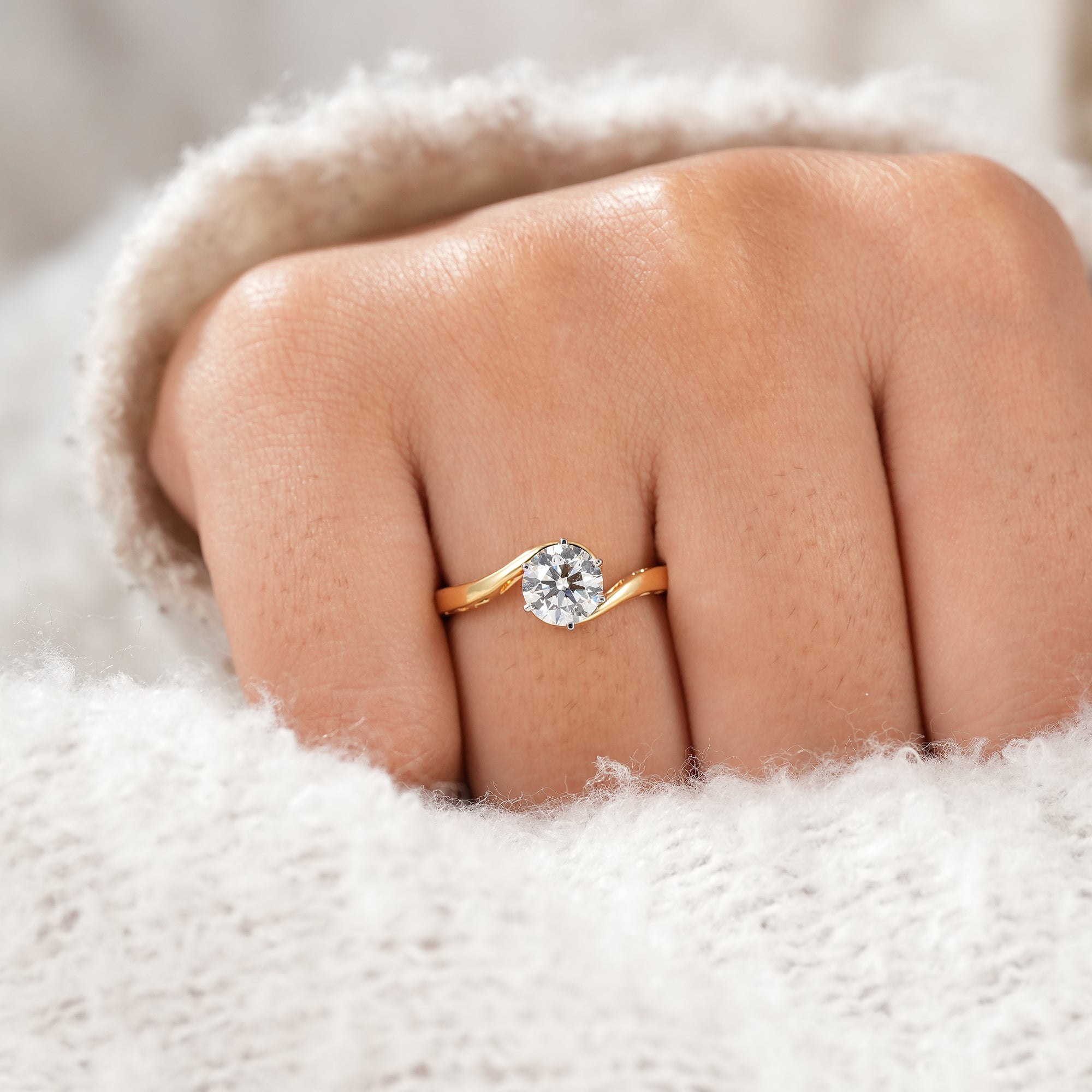 Round Cut Lab Diamond Solitaire Engagement Ring With Bypass Band