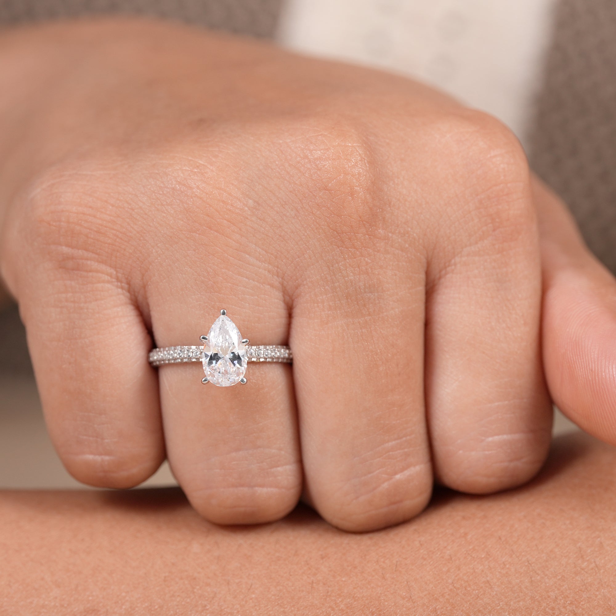 Pear Cut Lab Diamond Engagement Ring With Pave Band