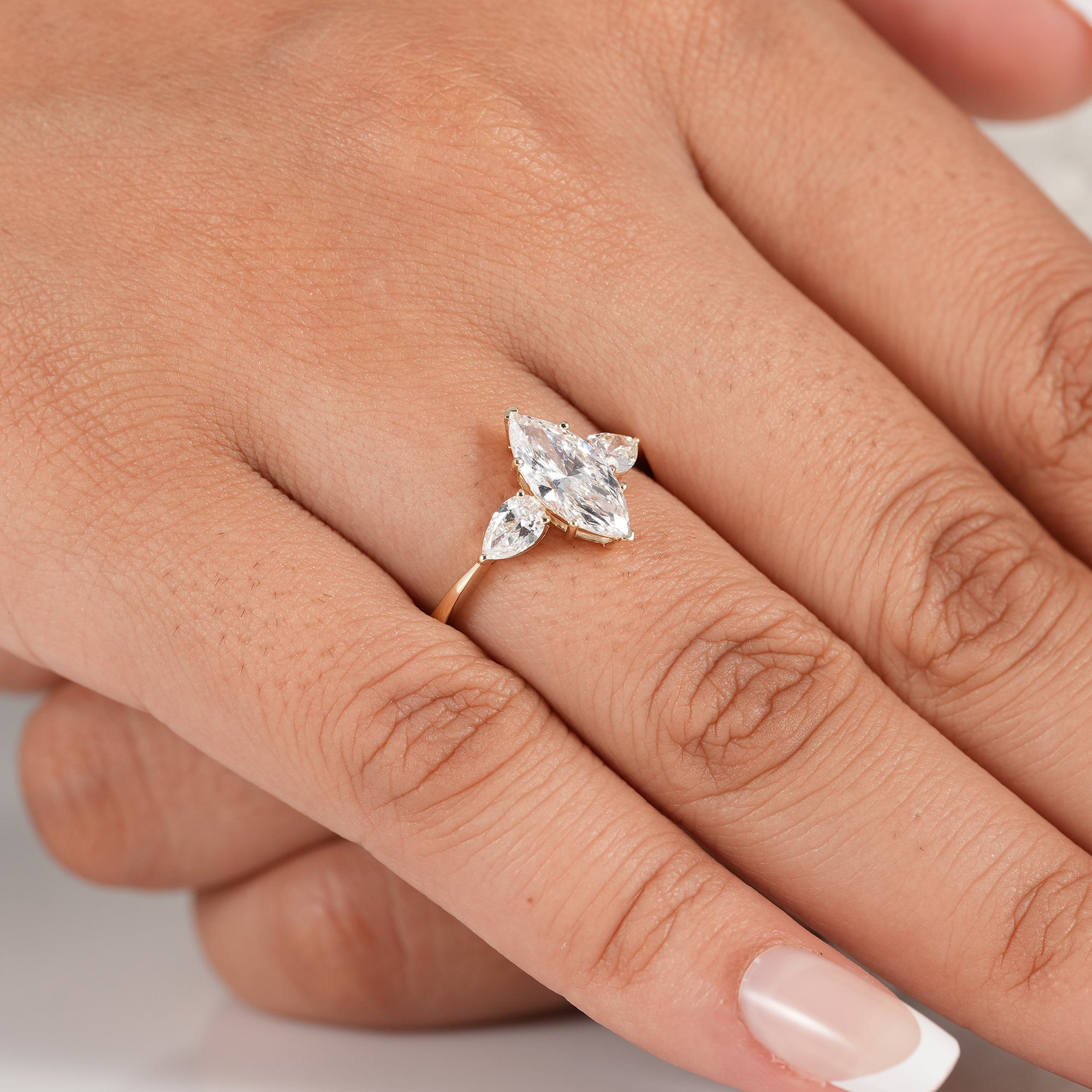 Three Stone Marquise Cut Lab Diamond Engagement Ring With Pear Side Stones