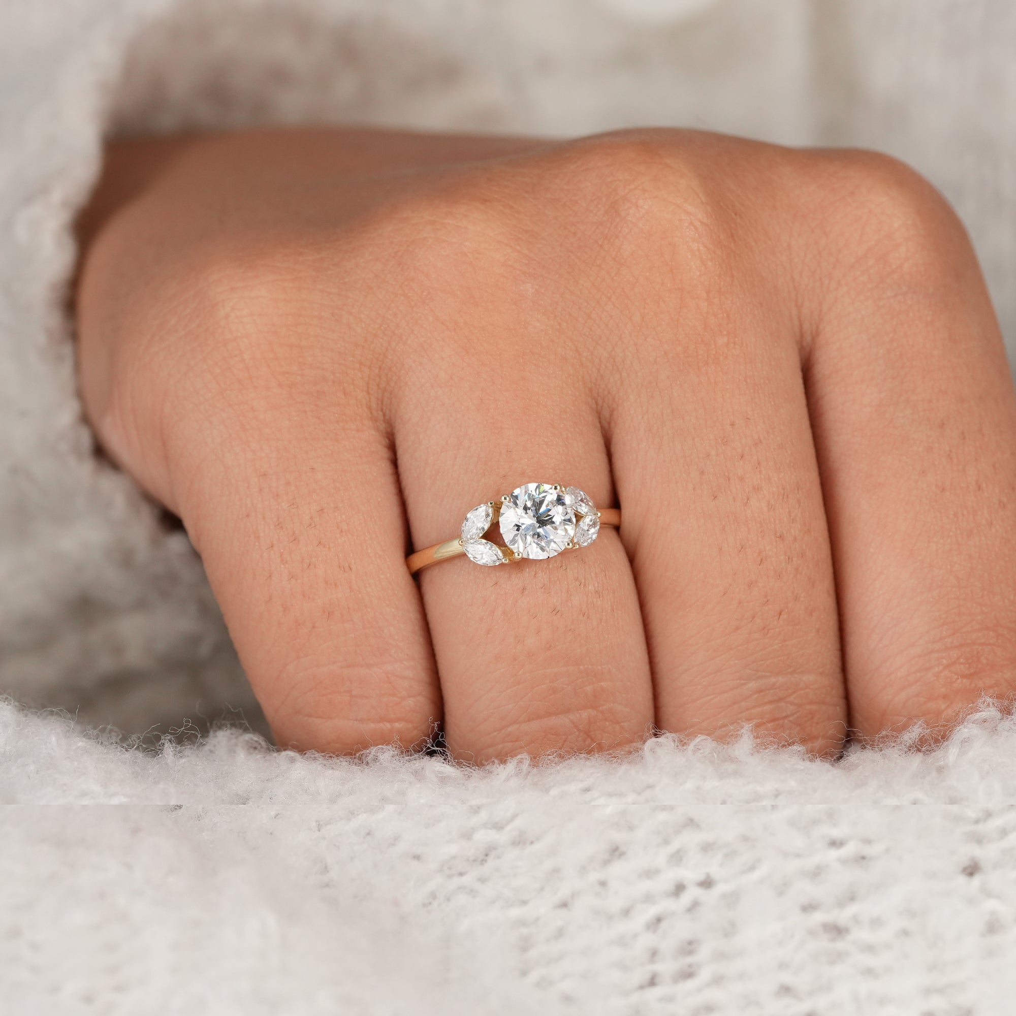 Floral Cluster Round Cut Lab Diamond Engagement Ring