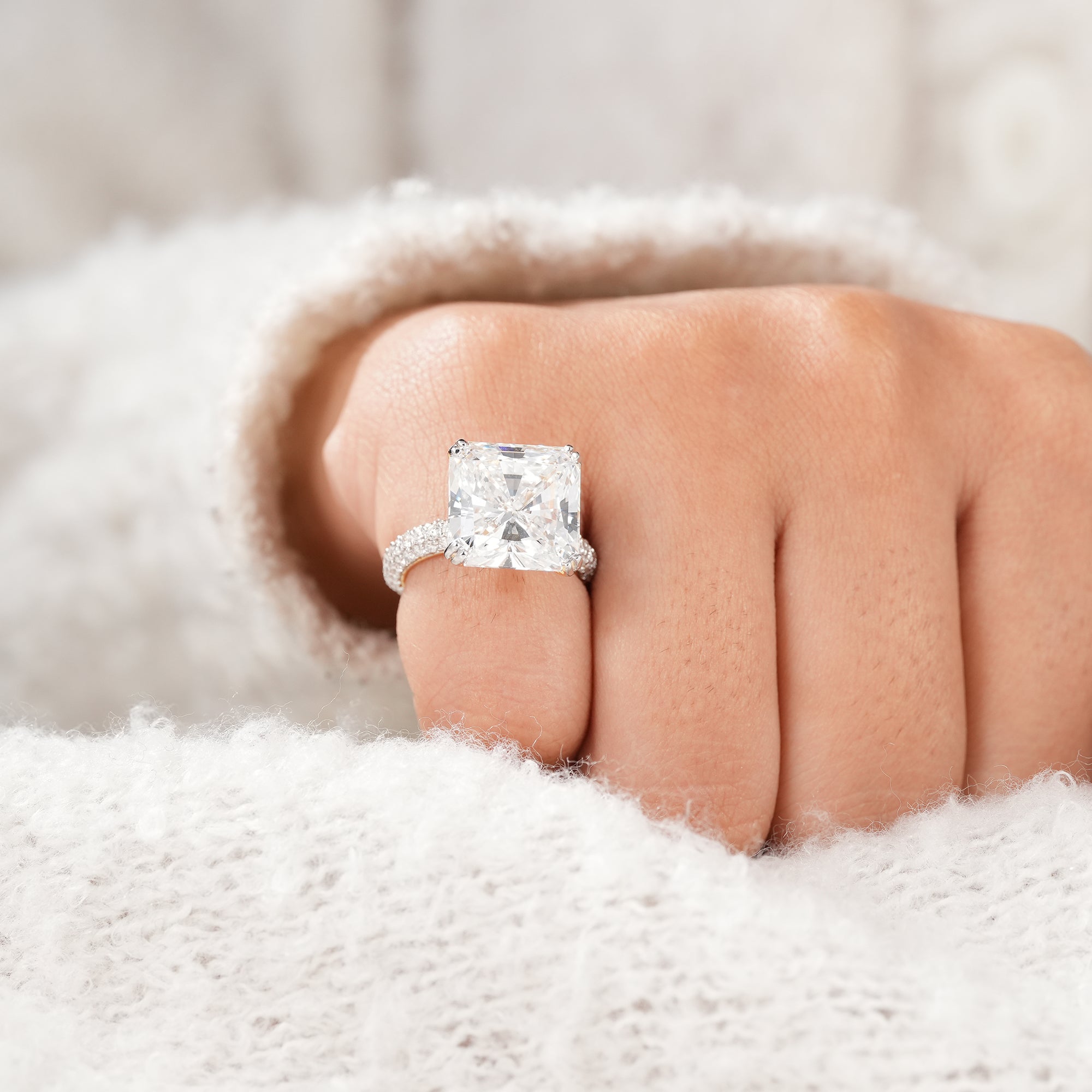 Radiant Cut Lab Grown Diamond Engagement Ring With Pave Band