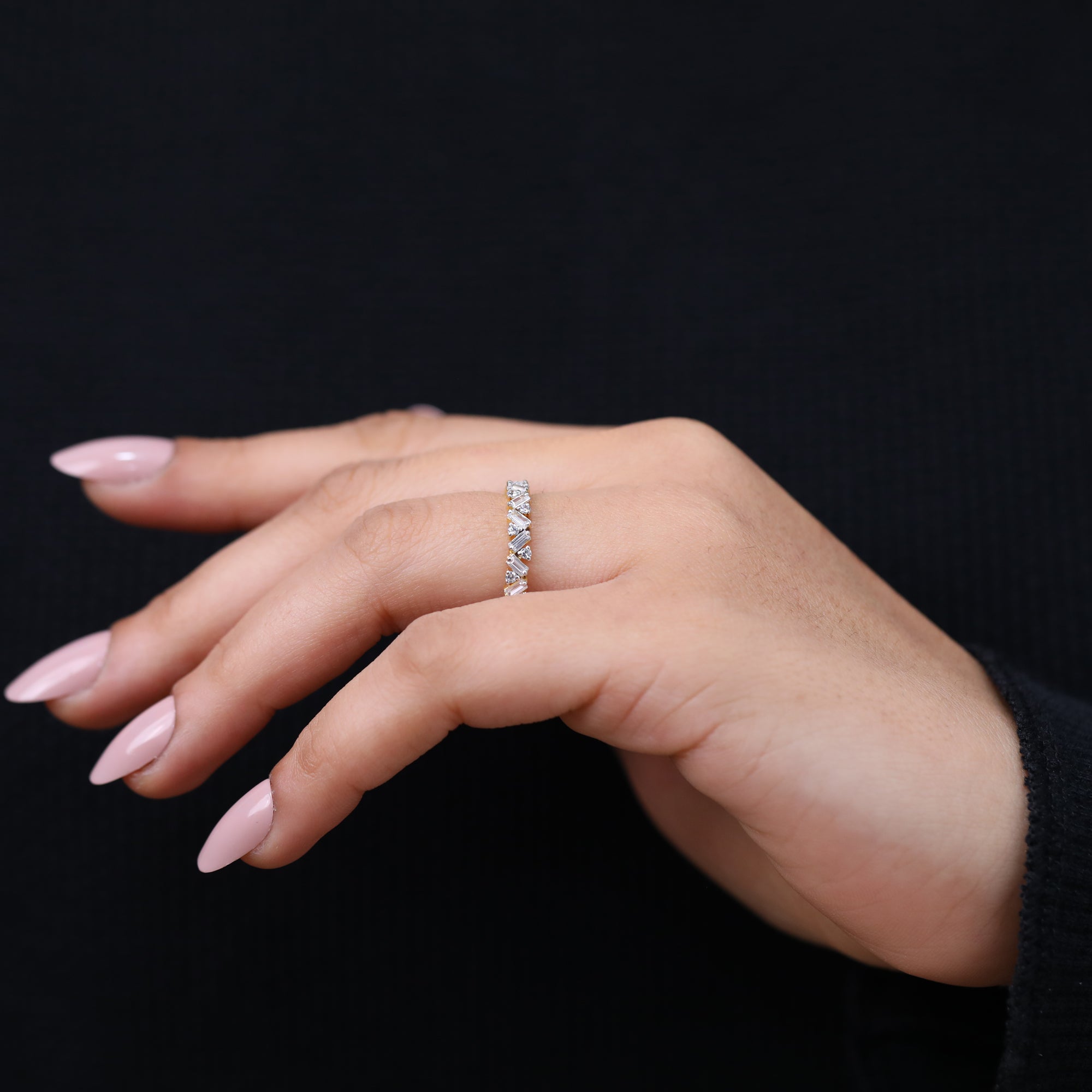 Thin diamond band with baguette and round lab grown diamonds